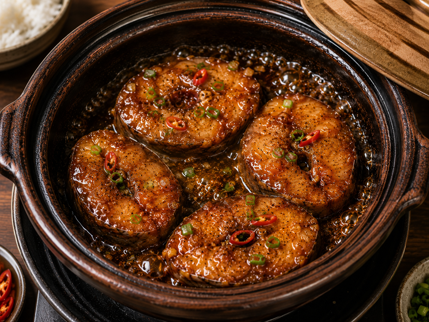 Cá kho tộ simmering in a clay pot as the caramelized sauce reduces around the catfish steaks, finished with green onions, red chiles, and black pepper.