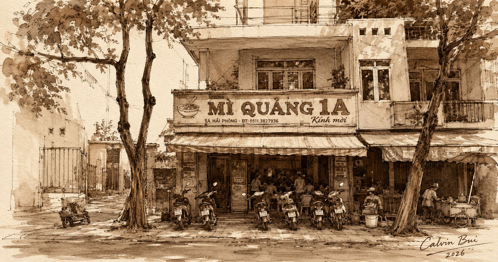 Hand-drawn sepia urban sketch of Mì Quảng 1A in Đà Nẵng, showing the storefront, trees, scooters, sidewalk, and Calvin Bui 2026 artist signature.