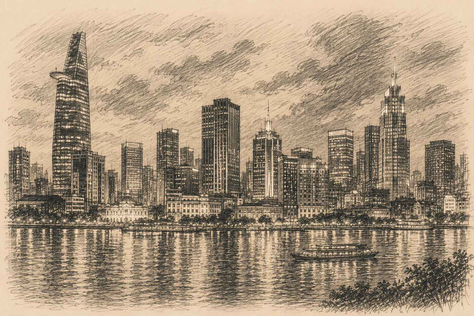 Hand-drawn editorial sketch of the Ho Chi Minh City night skyline across the Saigon River, featuring Bitexco Financial Tower, Landmark 81, and downtown city lights.