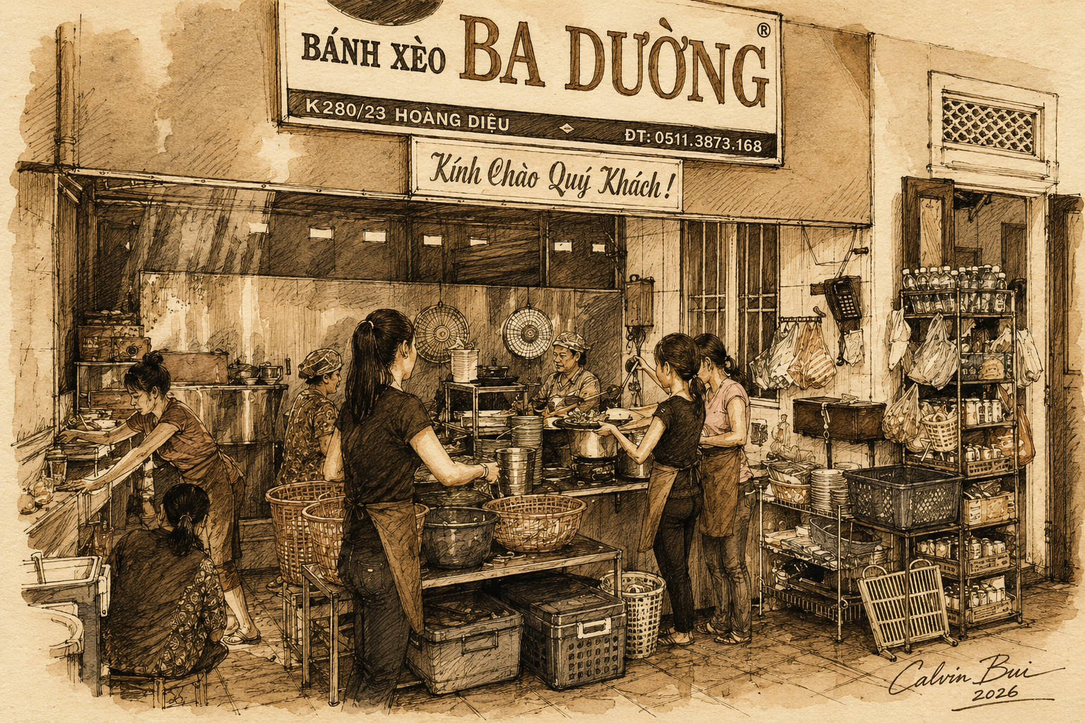 Hand-drawn sepia urban sketch of Bánh Xèo Bà Dưỡng in Đà Nẵng, showing the busy kitchen, restaurant sign, staff preparing food, baskets, shelves, and local dining atmosphere.