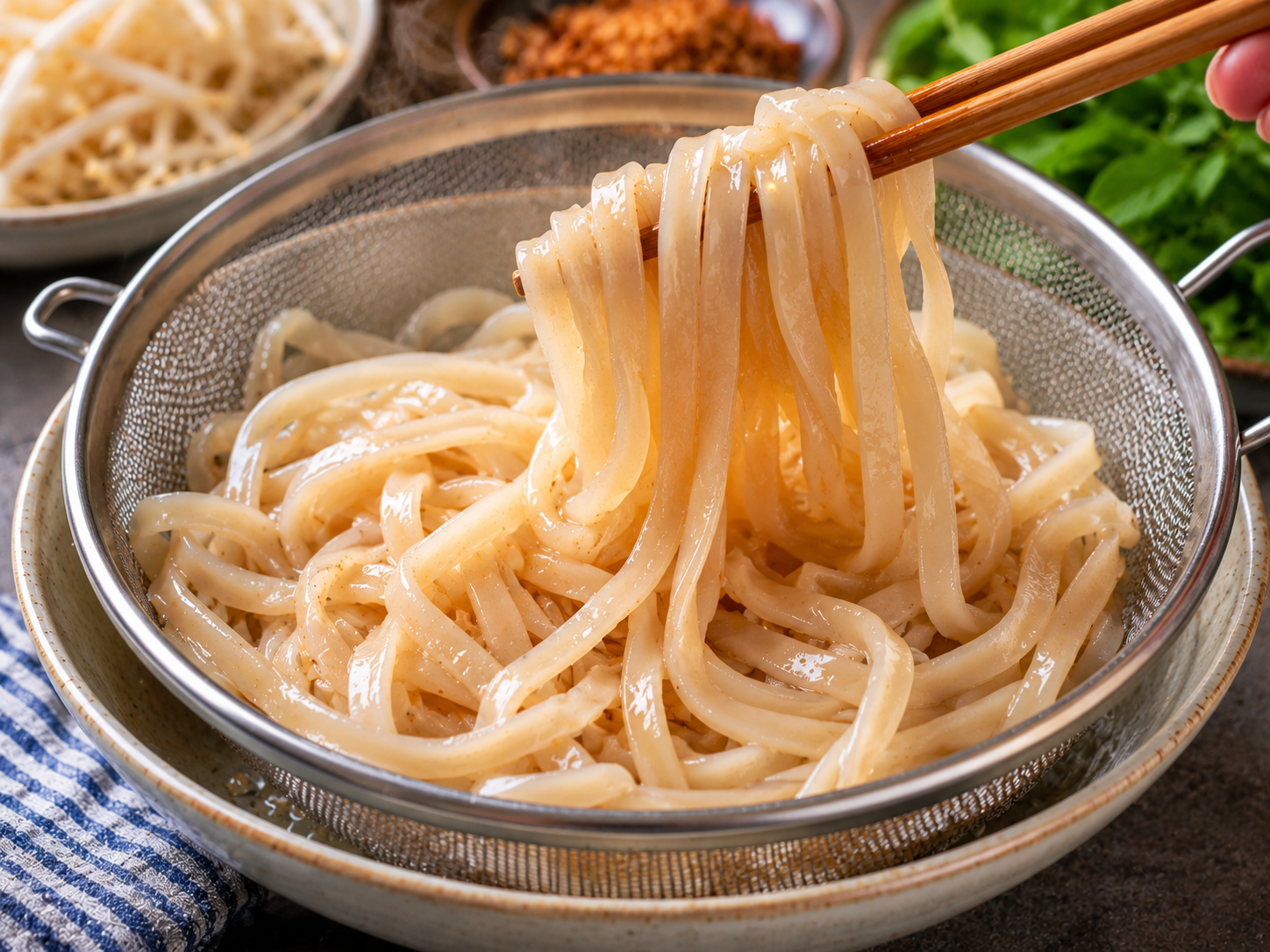 Thick rice noodles for cao lầu being loosened with chopsticks in a strainer until warm, glossy, chewy, and ready for assembly.