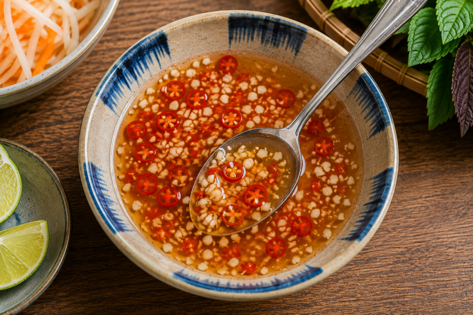 Vietnamese nước chấm for bánh khọt made with fish sauce, lime, garlic, and sliced red chilies, served beside pickled papaya and fresh herbs.