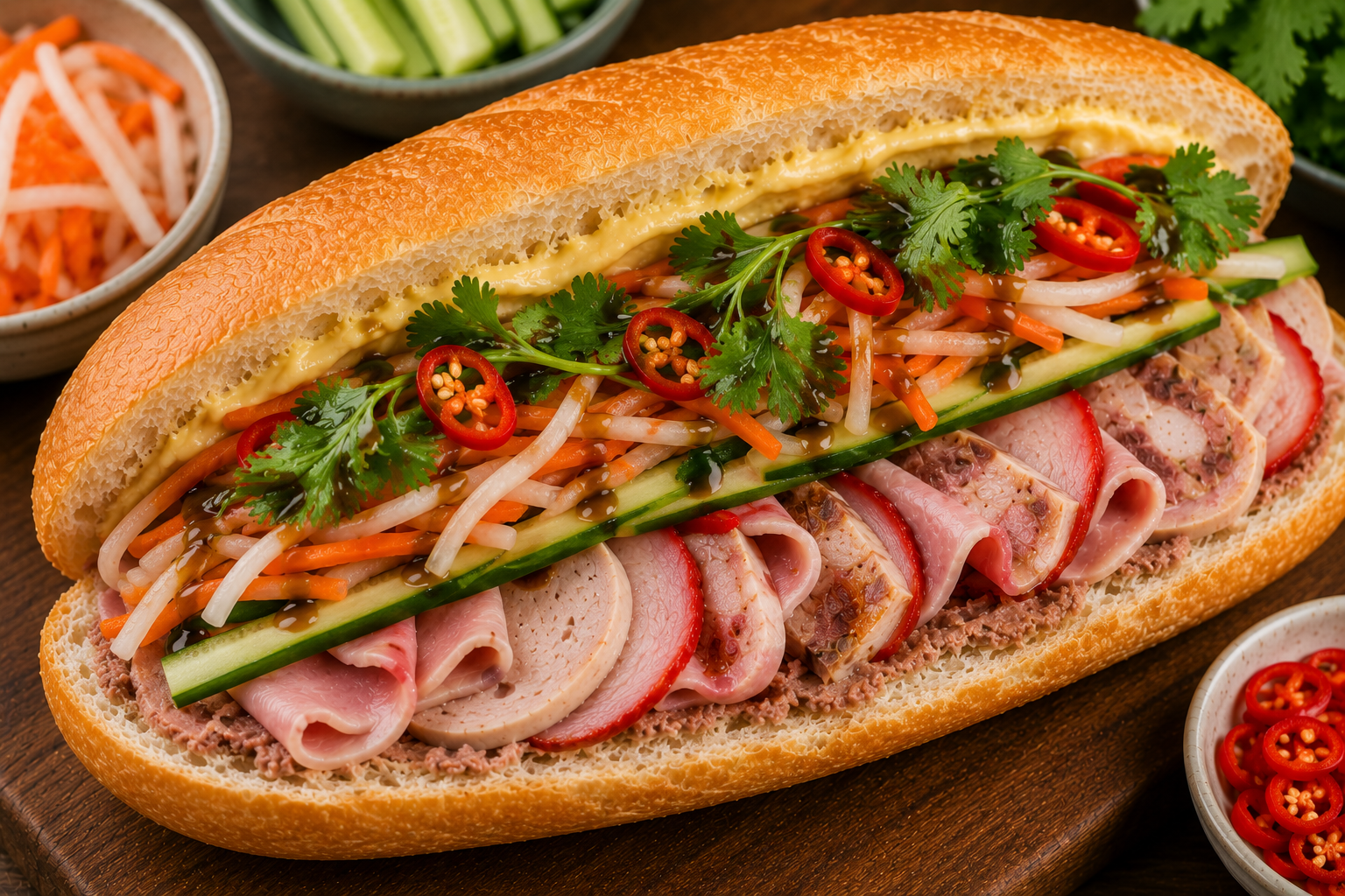 Pickled carrot and daikon, cucumber, cilantro, chili, and seasoning sauce added to bánh mì thịt nguội.