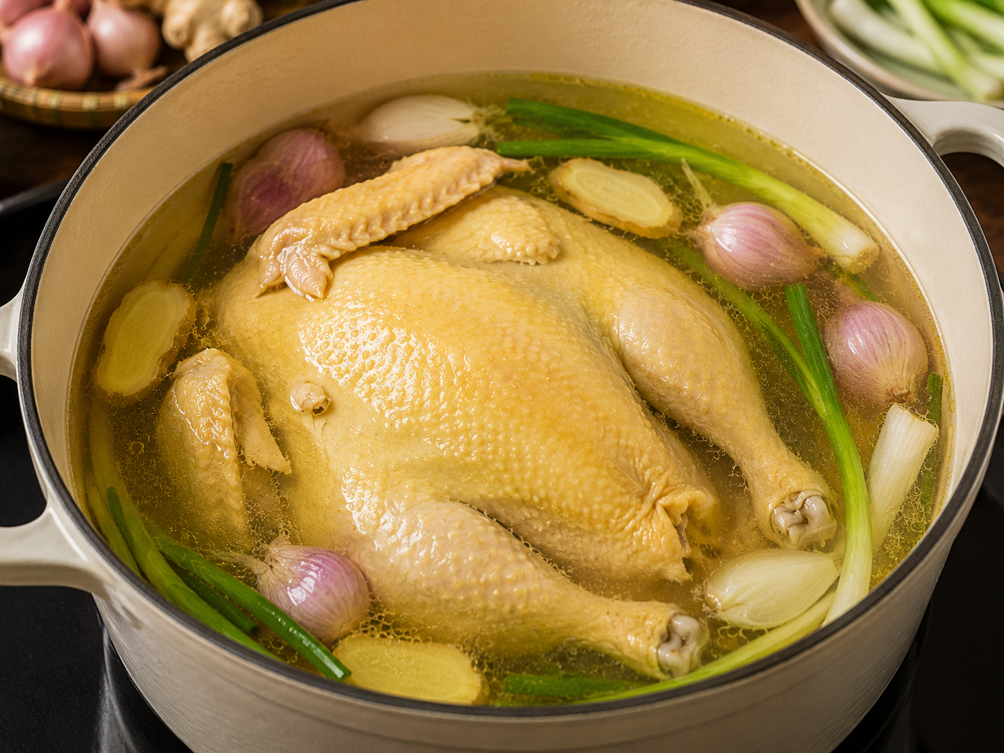 Whole chicken gently poaching in golden broth with ginger, shallots, and scallions for cơm gà Hội An.