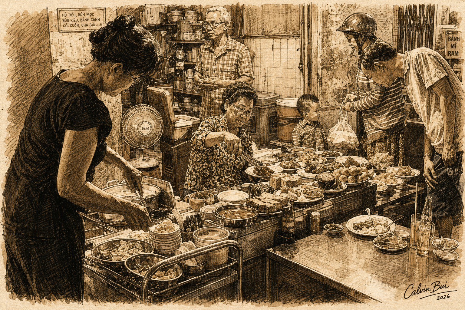Hand-drawn sepia urban sketch of Cơm Tấm Bãi Rác in Saigon, showing the busy food counter, metal tables, diners, staff serving broken rice plates, and late-night District 4 street food atmosphere.