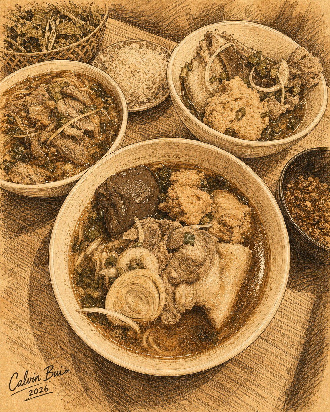 Hand-drawn sepia food sketch of a Quán Bà Nga bún bò Huế table spread in Huế, Vietnam, showing bowls of spicy noodle soup with beef, pork, chả cua, herbs, chili, and onion, signed Calvin Bui 2026.