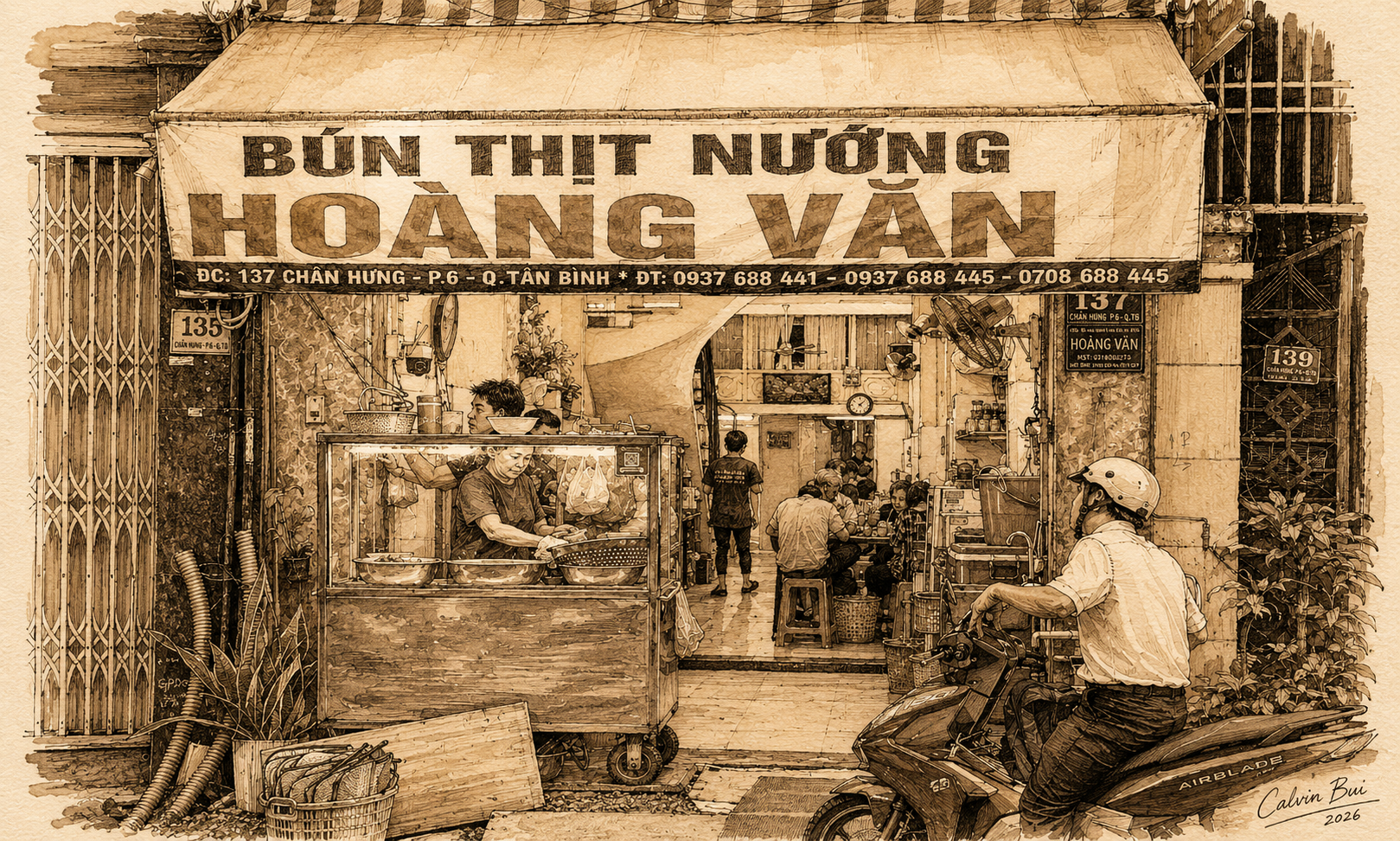 Hand-drawn sepia urban sketch of Bún Thịt Nướng Hoàng Văn in Saigon with the large storefront sign, sidewalk food cart, diners inside, plants, street details, and a motorbike rider in front.