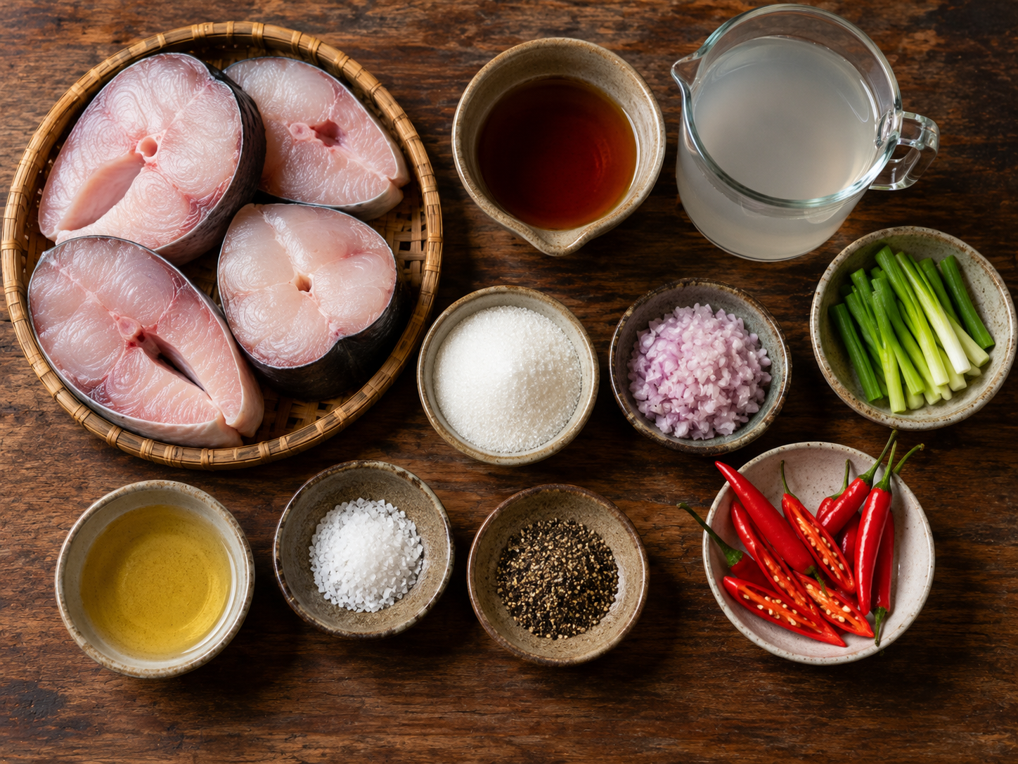Overhead ingredient flat lay for cá kho tộ with raw catfish steaks, fish sauce, coconut water, sugar, shallots, green onions, chiles, salt, black pepper, and cooking oil arranged on a wooden table.