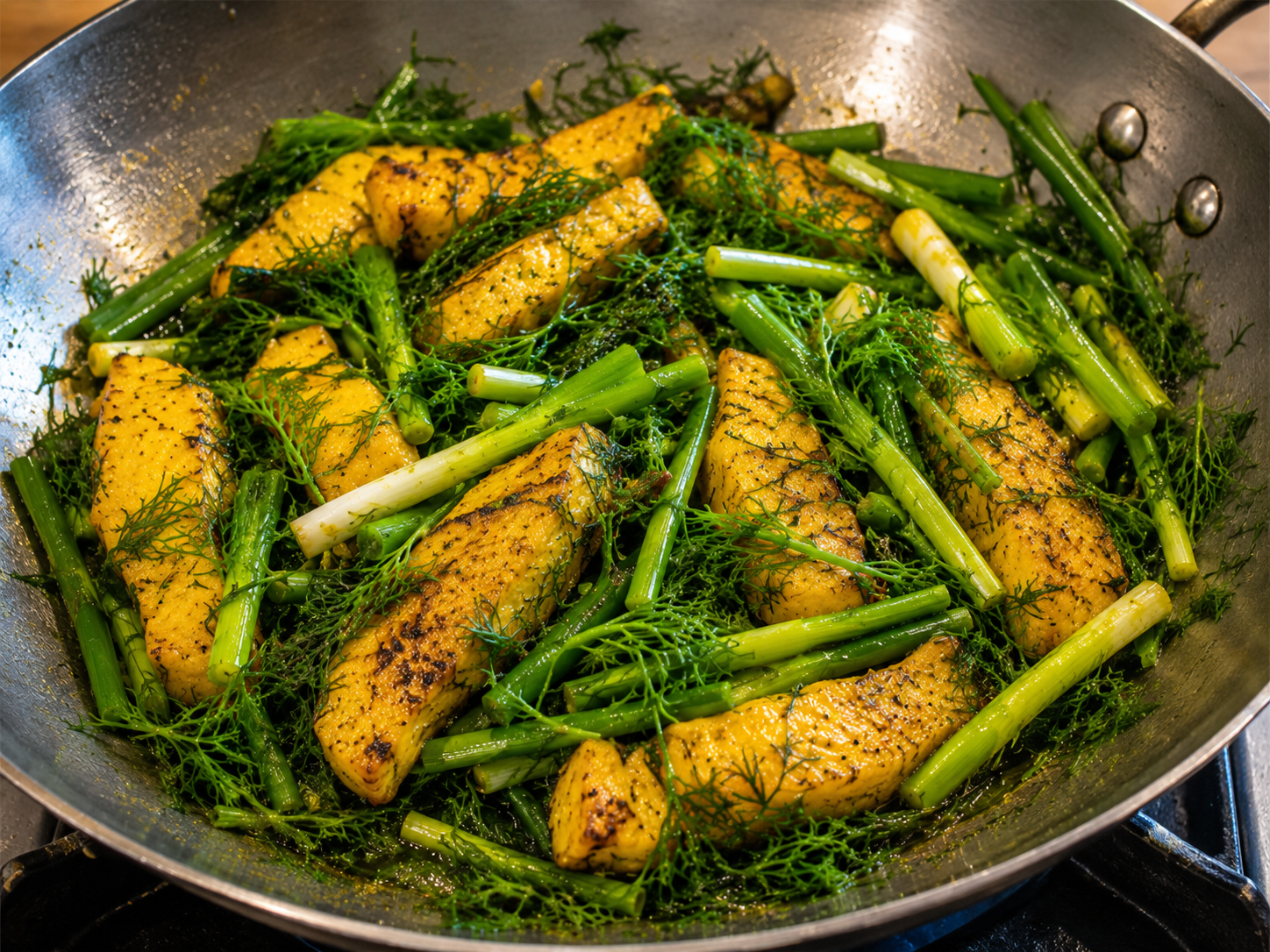 Turmeric fish finished in a hot skillet with fresh dill and scallions for Chả Cá Lã Vọng.
