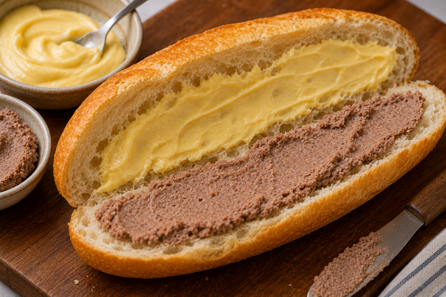 Pâté and Vietnamese egg mayonnaise spread inside a warm baguette for bánh mì thịt nguội.