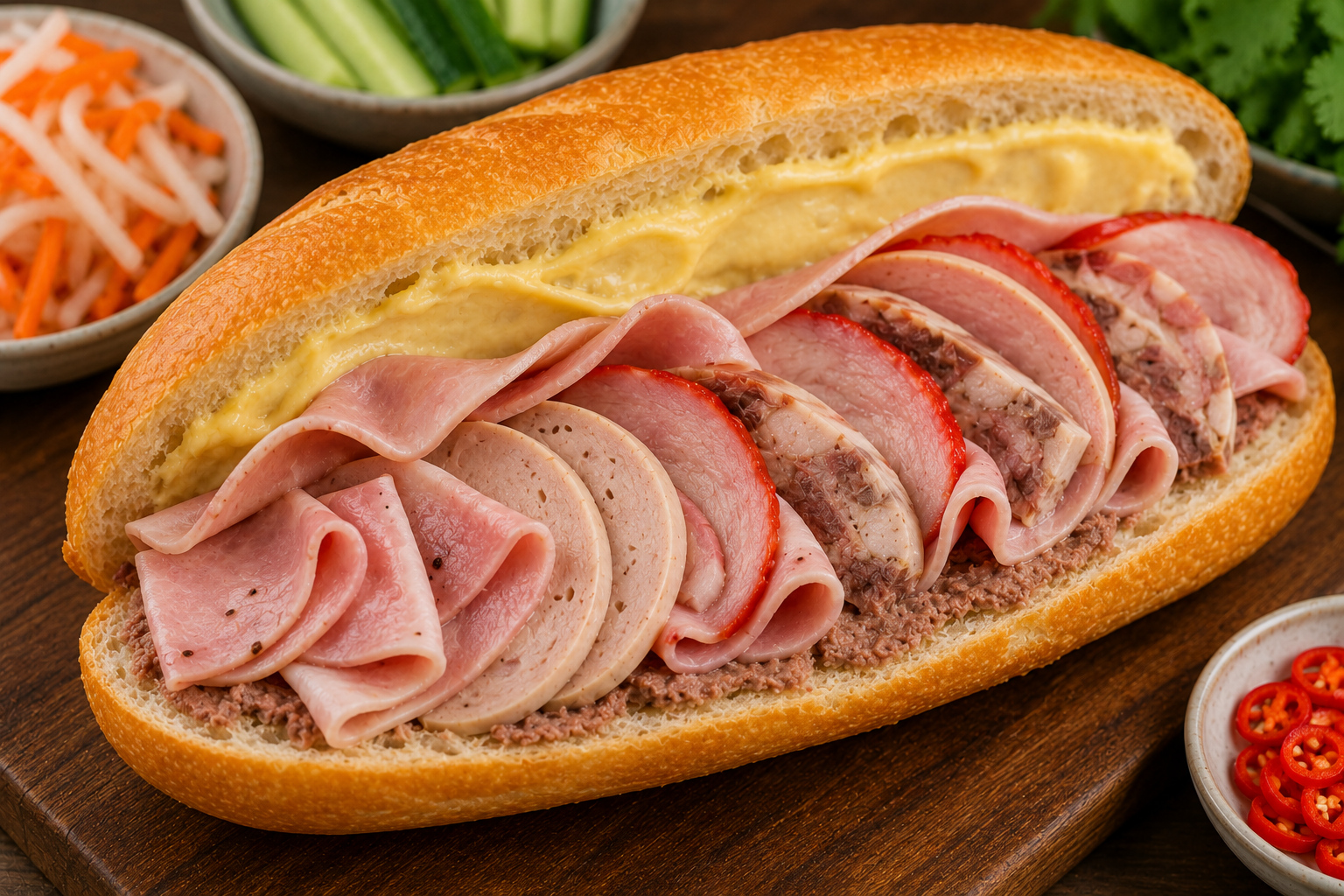 Vietnamese cold cuts layered inside a warm baguette with pâté and egg mayonnaise for bánh mì thịt nguội.