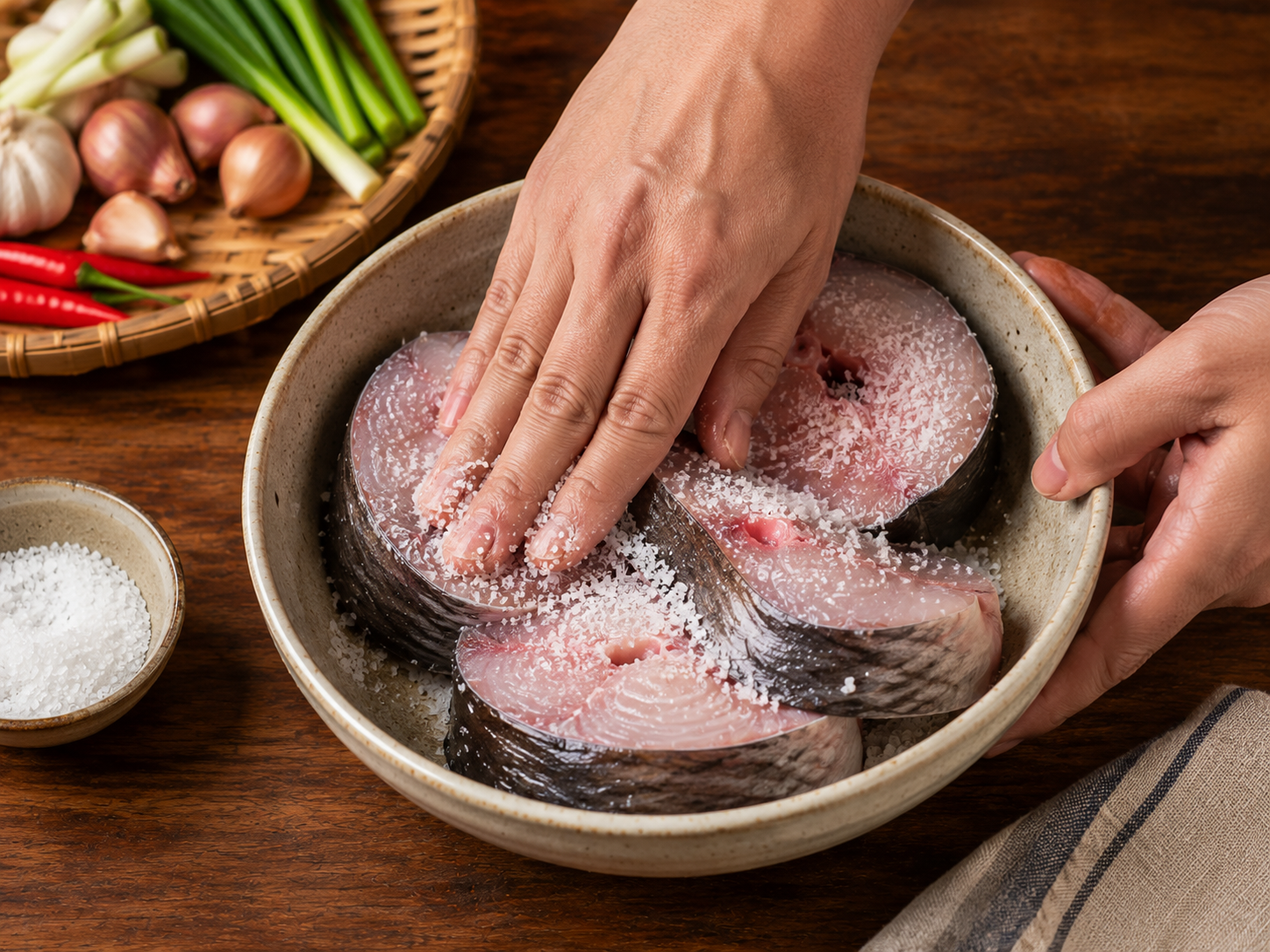 Raw catfish steaks being rubbed with coarse salt in a ceramic bowl while preparing cá kho tộ.