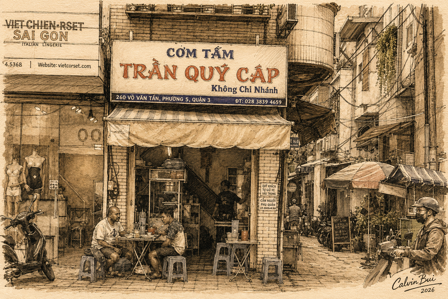 Hand-drawn sepia urban sketch of Cơm Tấm Trần Quý Cáp in Saigon, showing the storefront sign, sidewalk tables, alleyway, motorbike traffic, and District 3 street atmosphere.