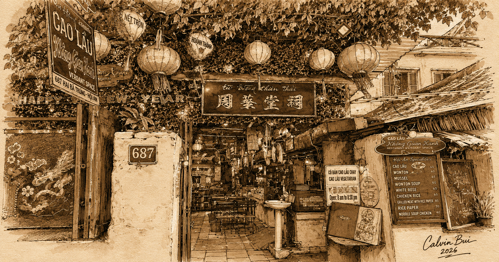 Hand-drawn sepia urban sketch of Cao Lầu Không Gian Xanh in Hội An with lanterns, yellow walls, menu boards, greenery, and the 687 Hai Bà Trưng entrance.