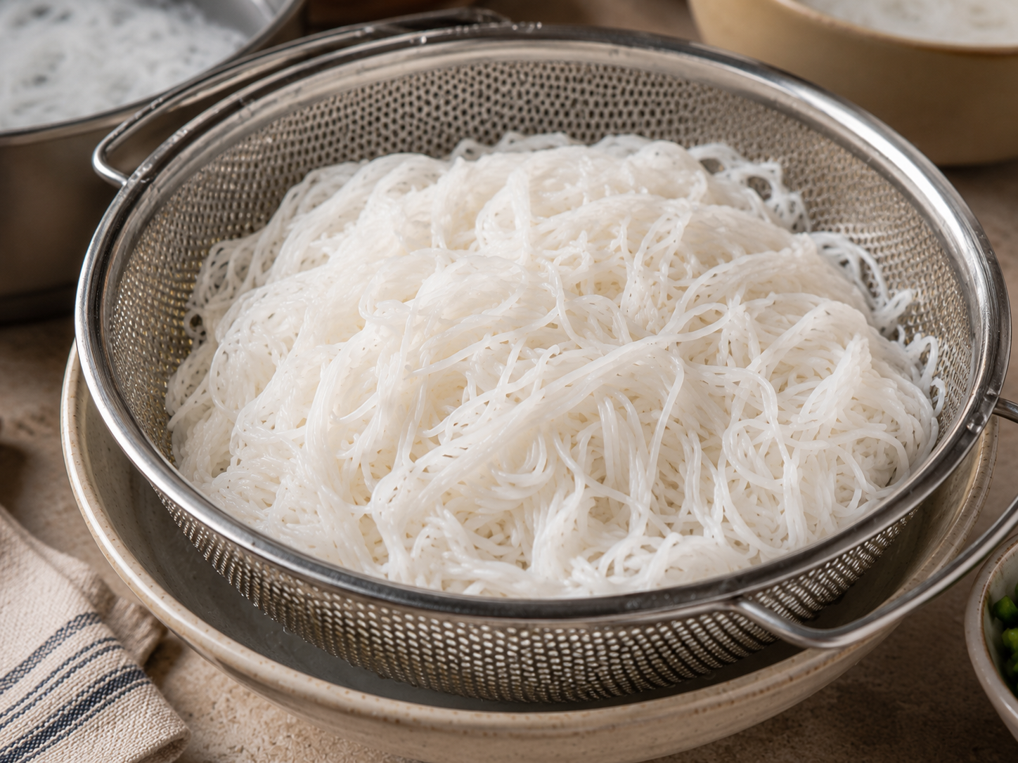 Cooked rice vermicelli noodles rinsed and drained for bún thịt nướng.