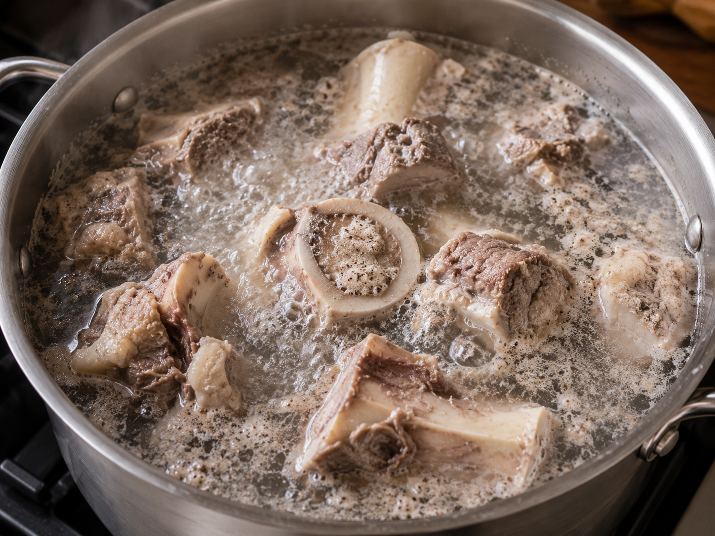 Beef bones for phở bò boiling in a pot with cloudy water and foam rising as impurities are removed before making the broth.