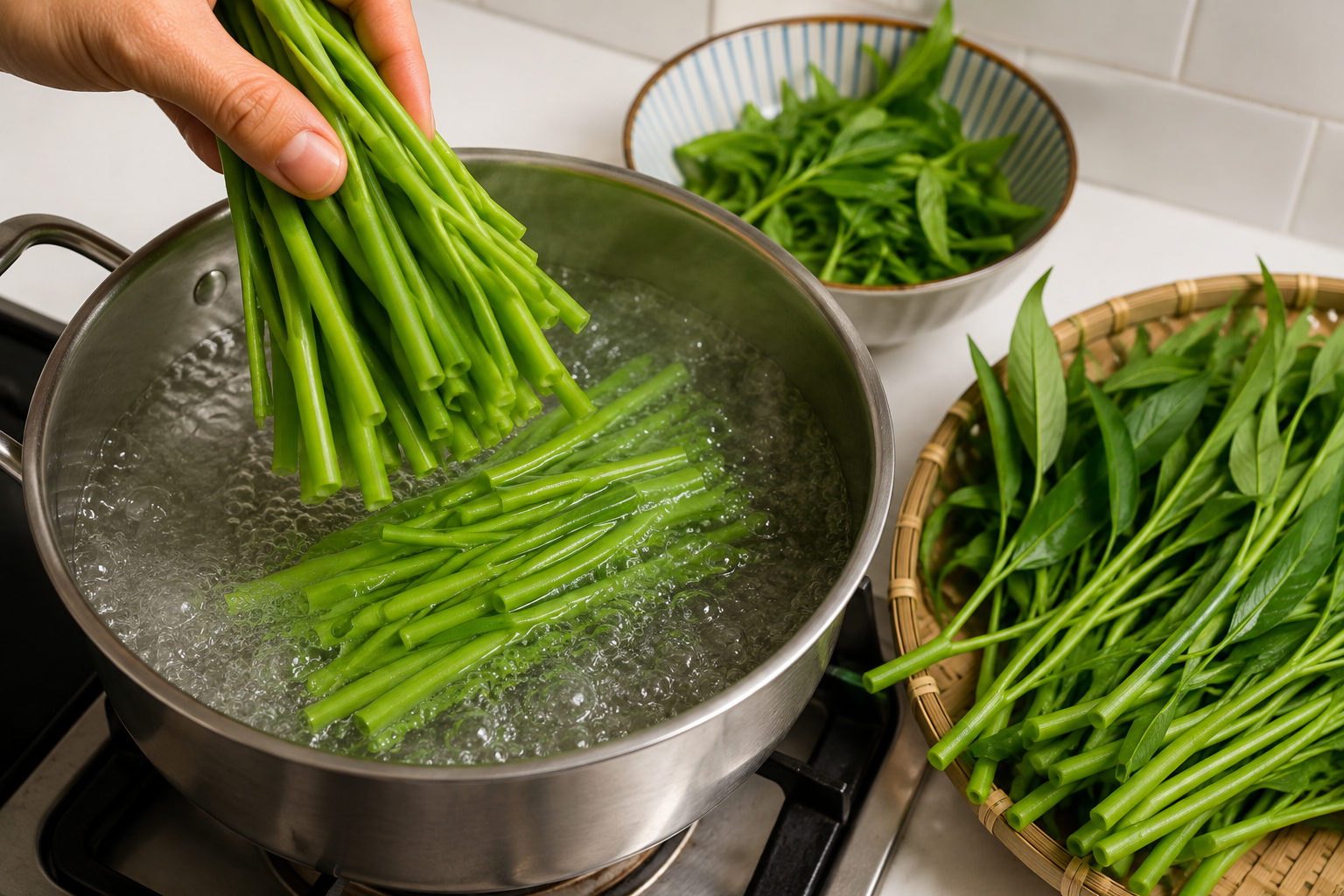 Water spinach stems being lowered into a pot of boiling water during the blanching step for rau muống xào tỏi.