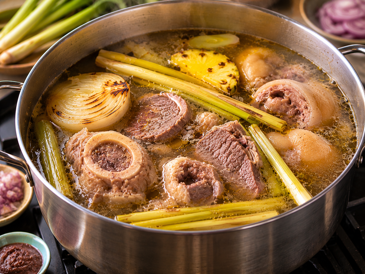 A large pot of bún bò Huế broth simmering with beef bones, pork hock, beef shank, onion, pineapple, and bruised lemongrass.
