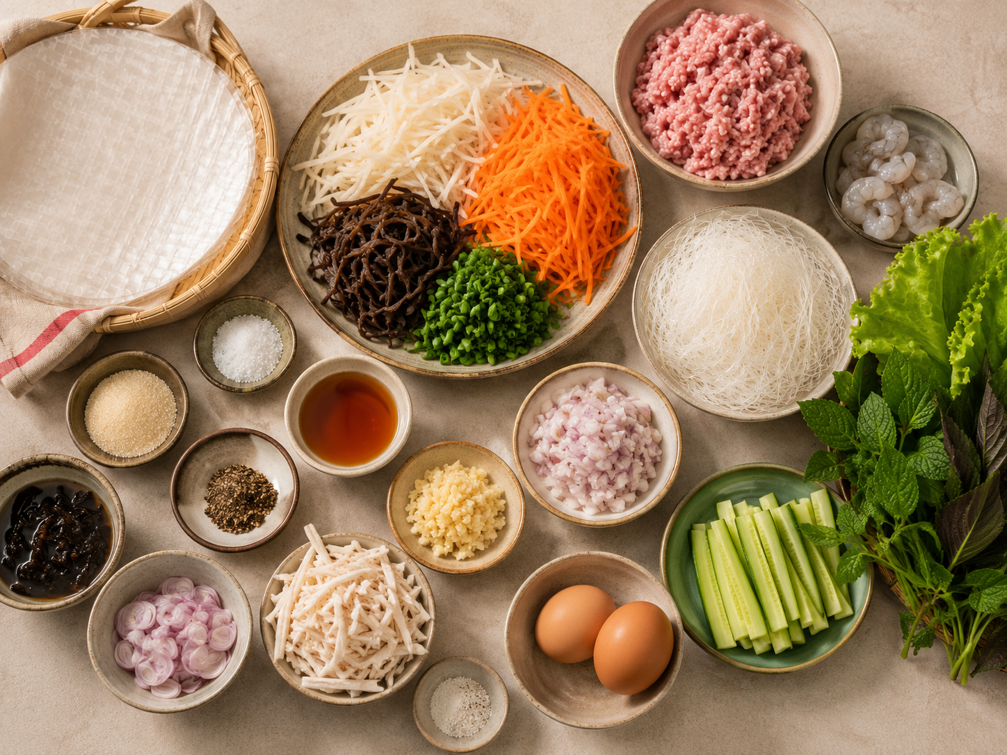 Overhead flat lay of ingredients for Vietnamese chả giò, including pork, shrimp, taro, carrot, wood ear mushrooms, glass noodles, rice paper, herbs, cucumber, and seasonings.