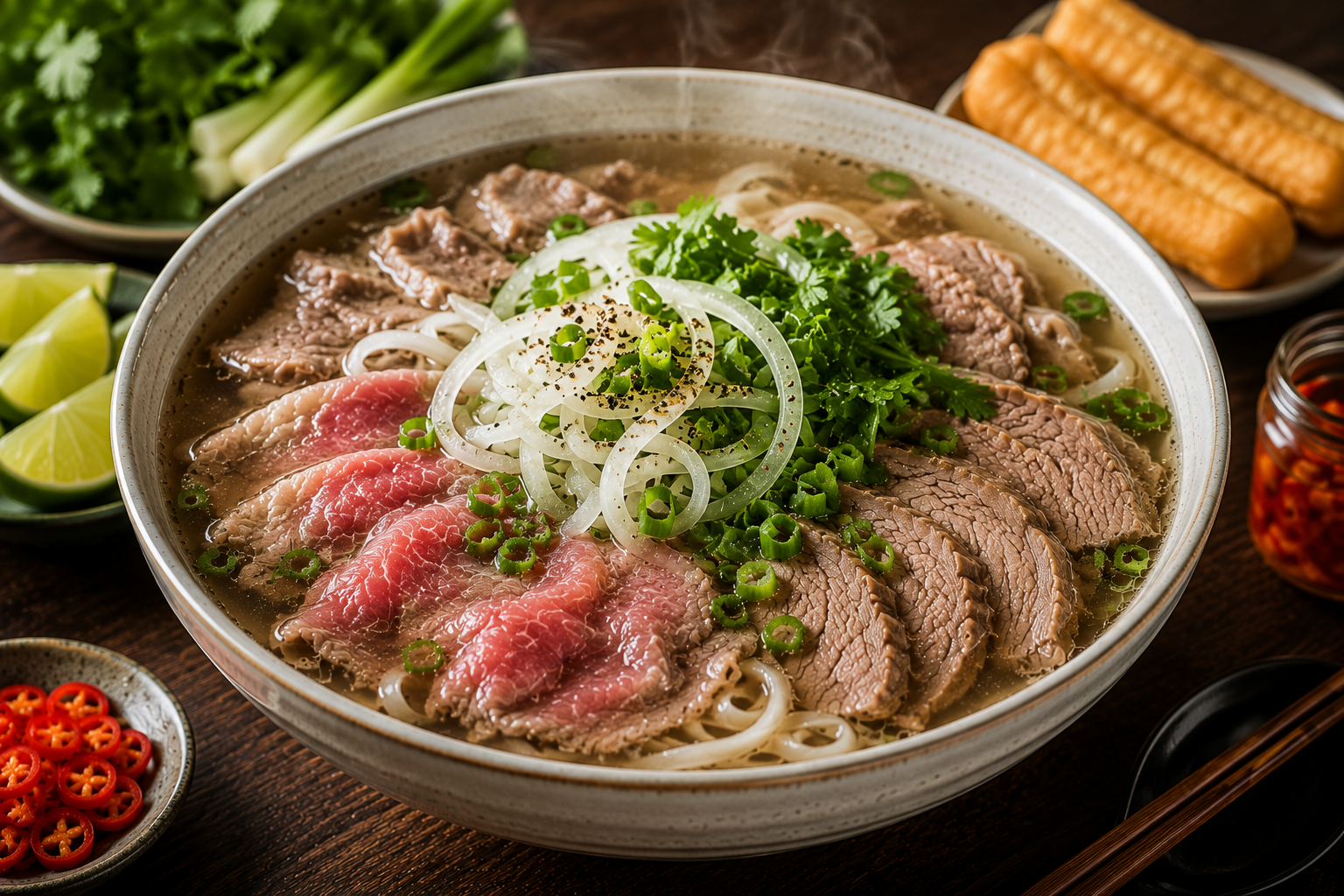 A steaming bowl of Northern-style phở bò with clear beef broth, wide flat rice noodles, sliced beef, cooked brisket, onion, scallions, cilantro, lime, fresh chilies, and quẩy on a dark wooden table.
