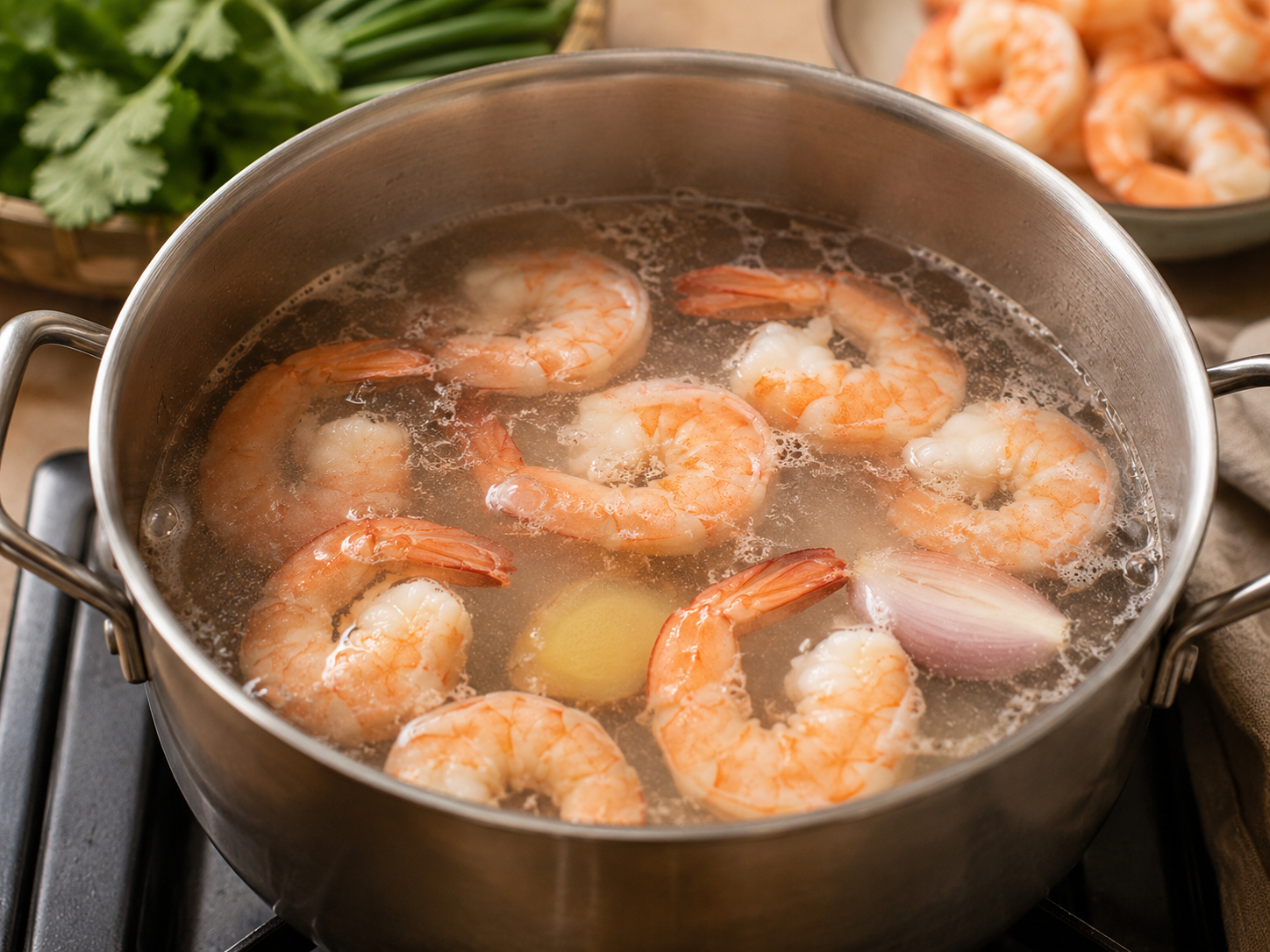 Shrimp being cooked for gỏi cuốn Vietnamese fresh spring rolls.