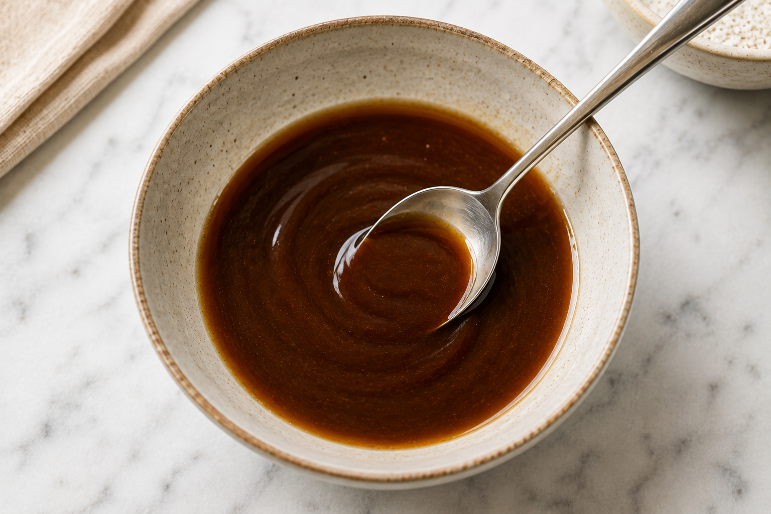 Oyster sauce, fish sauce, water, sugar, and optional MSG mixed together in a ceramic bowl for rau muống xào tỏi.