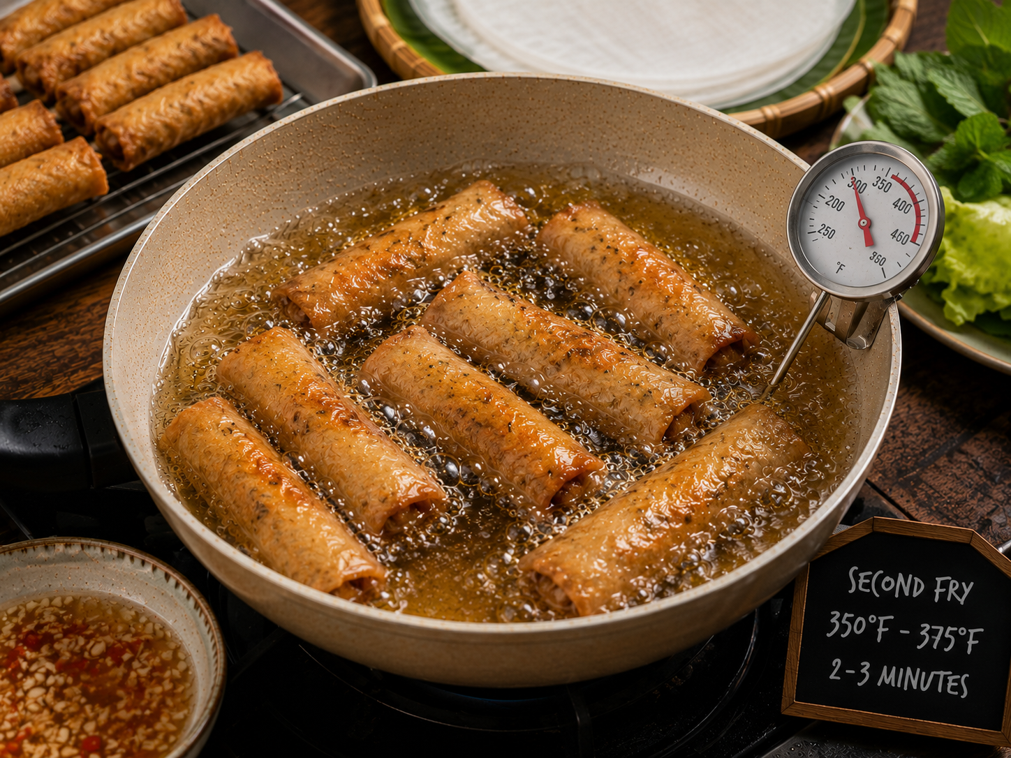 Deeply golden Vietnamese chả giò frying in hot oil during the second fry until blistered and crisp.