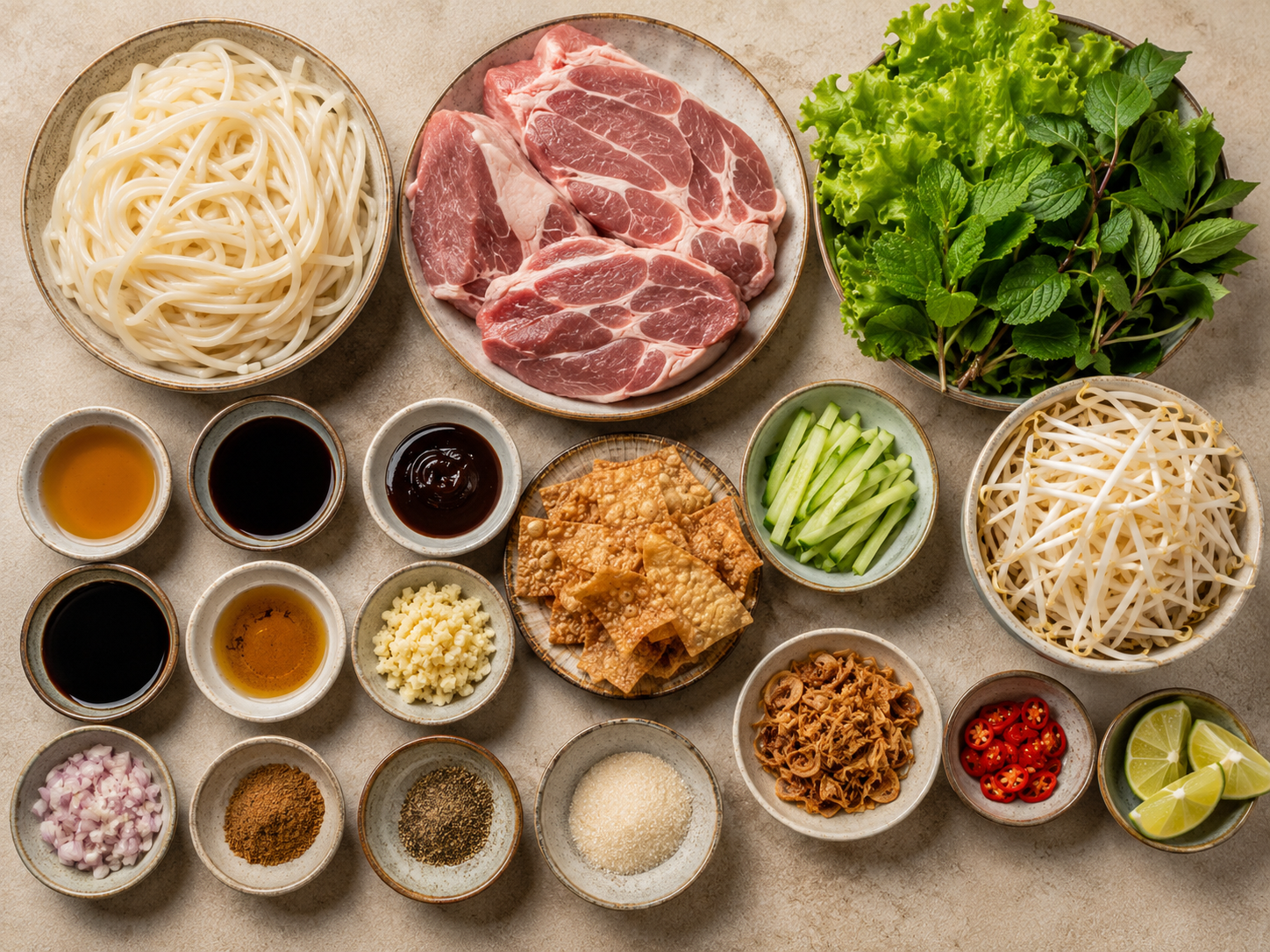 Cao lầu ingredients arranged in a flat lay with thick rice noodles, pork shoulder, fresh herbs, bean sprouts, cucumber, crispy crackers, lime, chile, garlic, shallots, and savory seasonings.