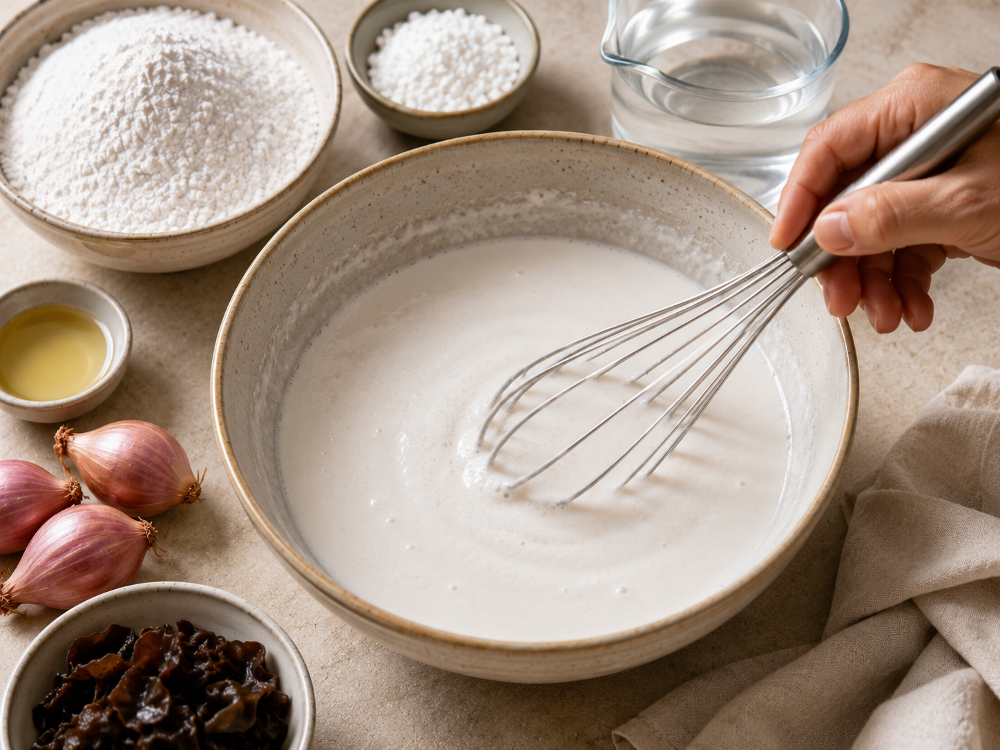 Rice flour batter being whisked in a bowl for bánh cuốn Vietnamese steamed rice rolls.