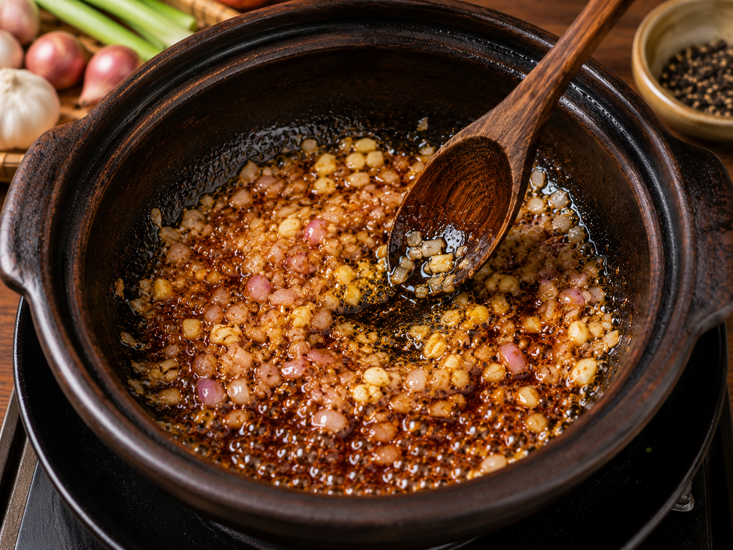 Minced shallots and garlic sizzling in caramel and oil inside a clay pot while preparing cá kho tộ.