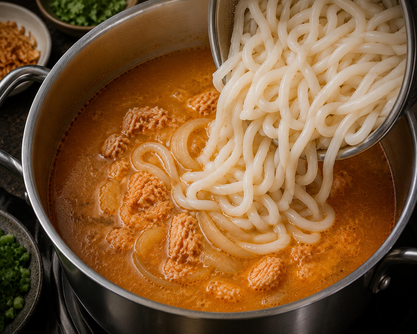 Thick bánh canh noodles being added to a pot of rich orange seafood broth for Vietnamese crab tapioca noodle soup.