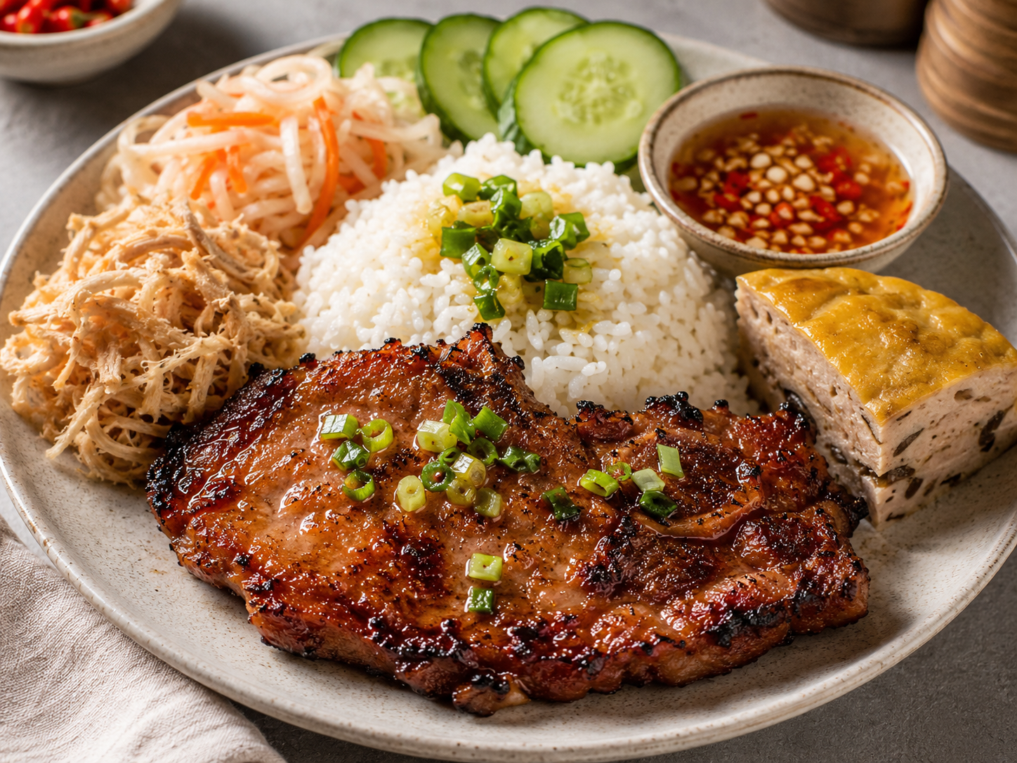 Cơm Tấm with grilled pork chop, broken rice, egg meatloaf, shredded pork skin, pickled vegetables, cucumber, scallion oil, and Vietnamese fish sauce.
