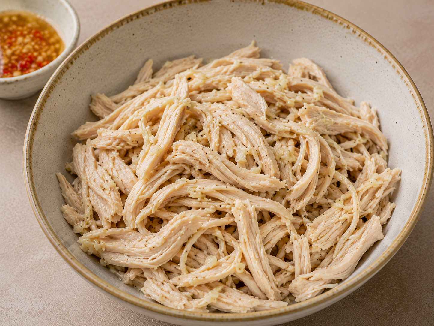 Shredded chicken seasoned with fish sauce dressing and black pepper for gỏi gà bắp cải.