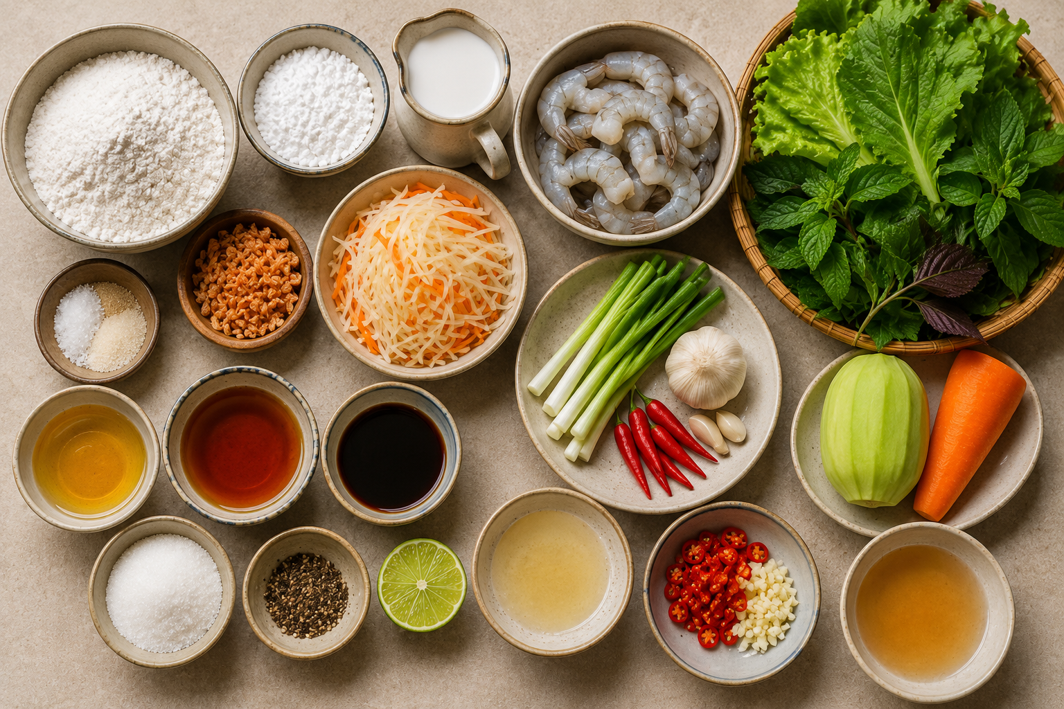 Ingredients for bánh khọt arranged with rice flour, tapioca starch, coconut milk, shrimp, scallions, green papaya, carrot, garlic, chilies, lime, lettuce, Vietnamese herbs, and seasonings.