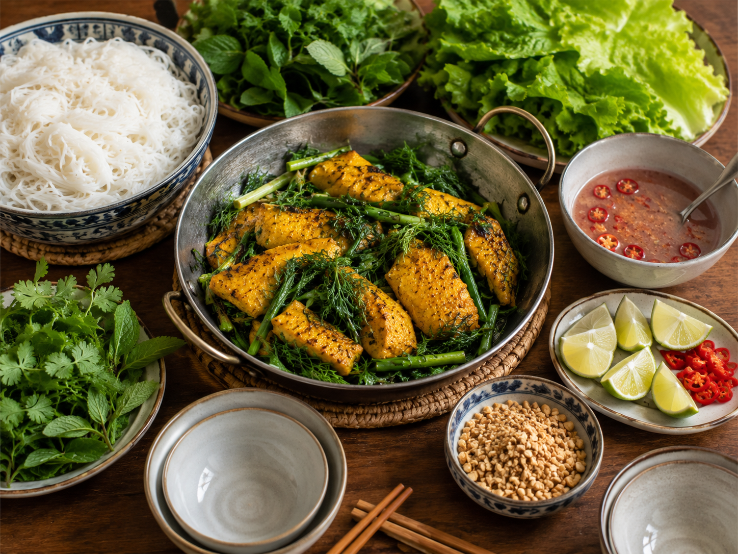 Chả Cá Lã Vọng set on the table with turmeric fish, dill, scallions, rice noodles, herbs, lettuce, peanuts, lime, chile, and shrimp paste sauce.