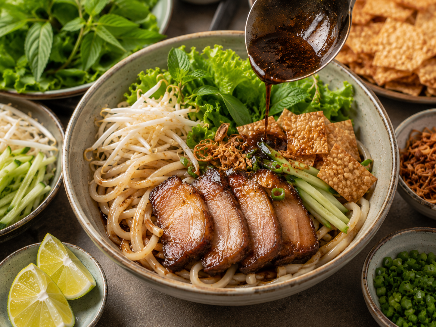 Cao lầu being assembled with thick rice noodles, sliced caramelized pork, fresh herbs, bean sprouts, cucumber, crispy crackers, fried shallots, and dark savory sauce.