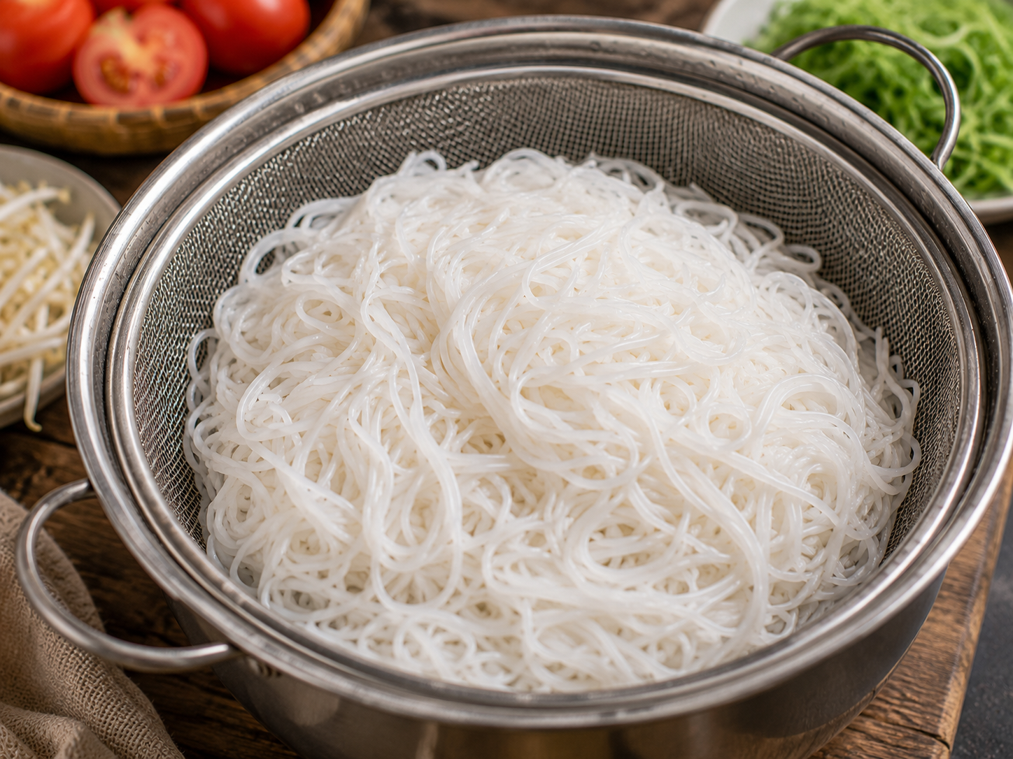 Rice vermicelli noodles for bún riêu draining in a metal colander with tomatoes, bean sprouts, and herbs nearby.