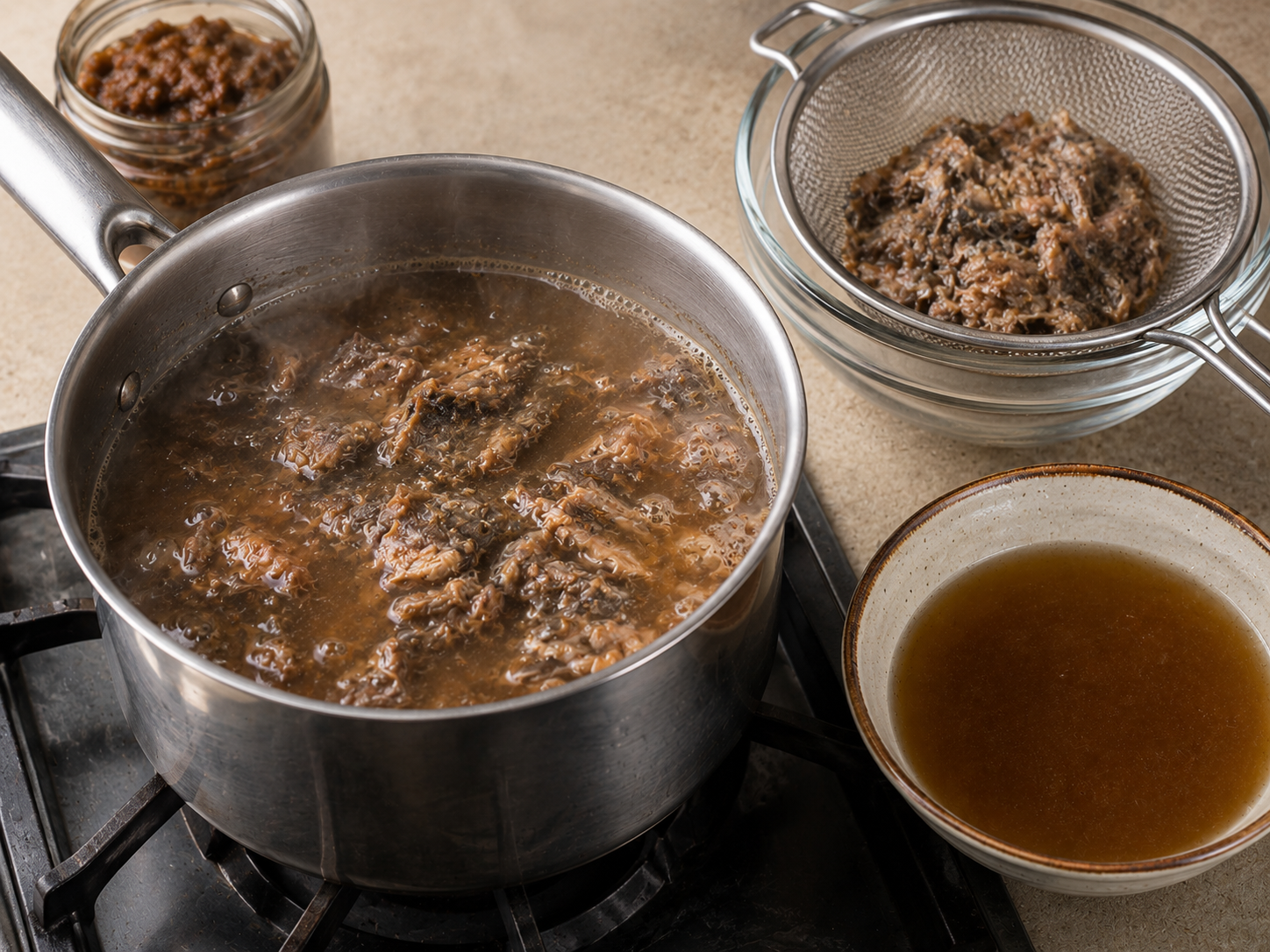 Fermented fish simmering in a small pot and being strained to make the base for bún mắm broth.