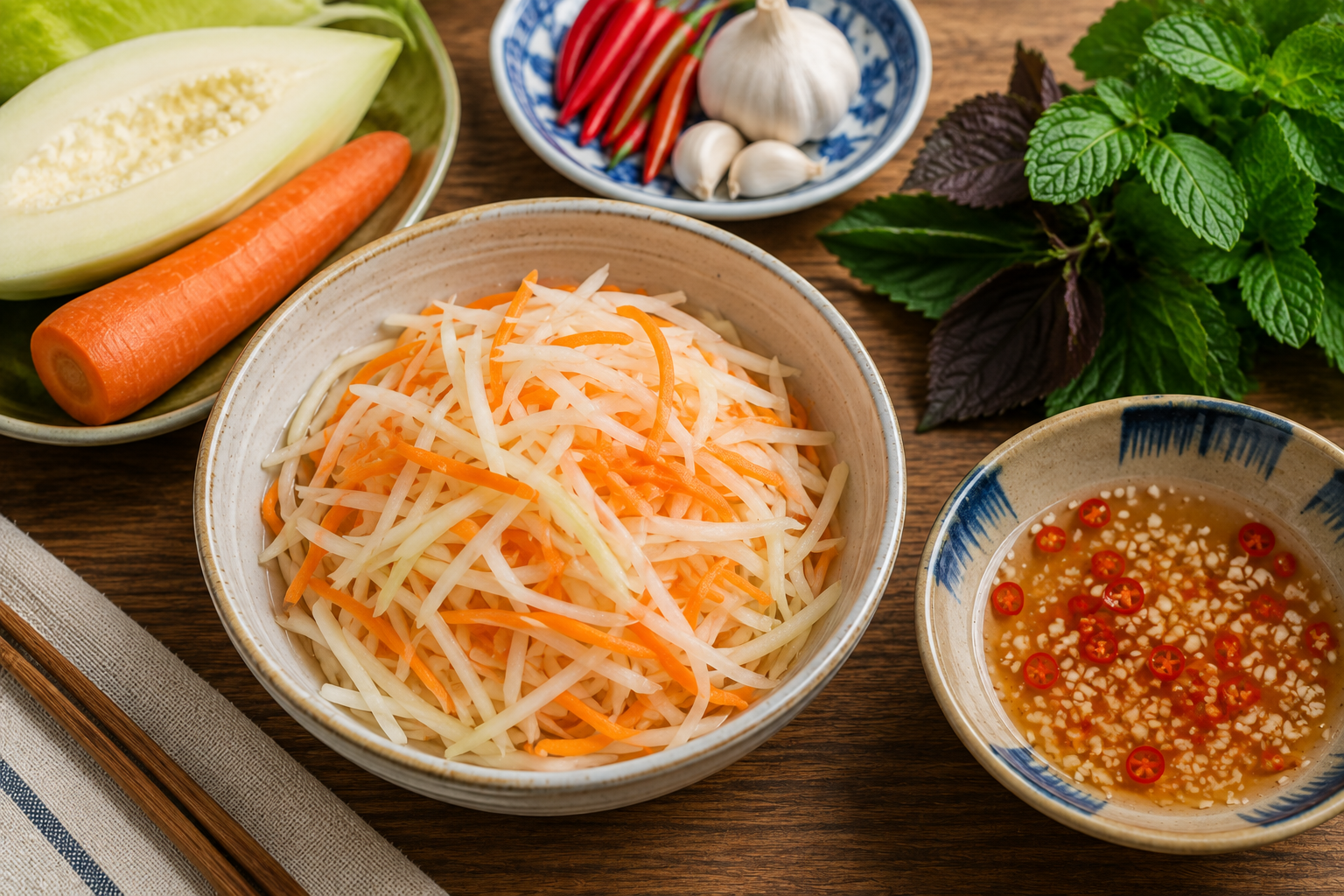 Crisp green papaya and carrot matchsticks pickled for bánh khọt, served beside garlic chili nước chấm and fresh Vietnamese herbs.