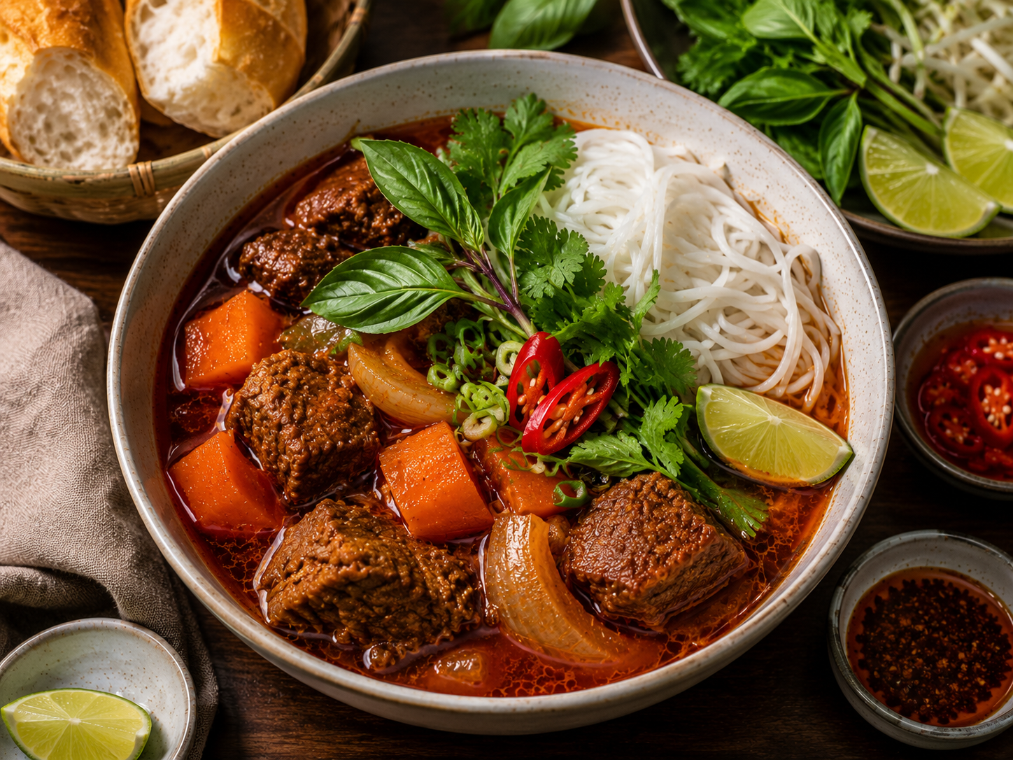 Bò kho being served in a bowl with tender beef, carrots, fragrant broth, herbs, noodles, lime, and baguette nearby.