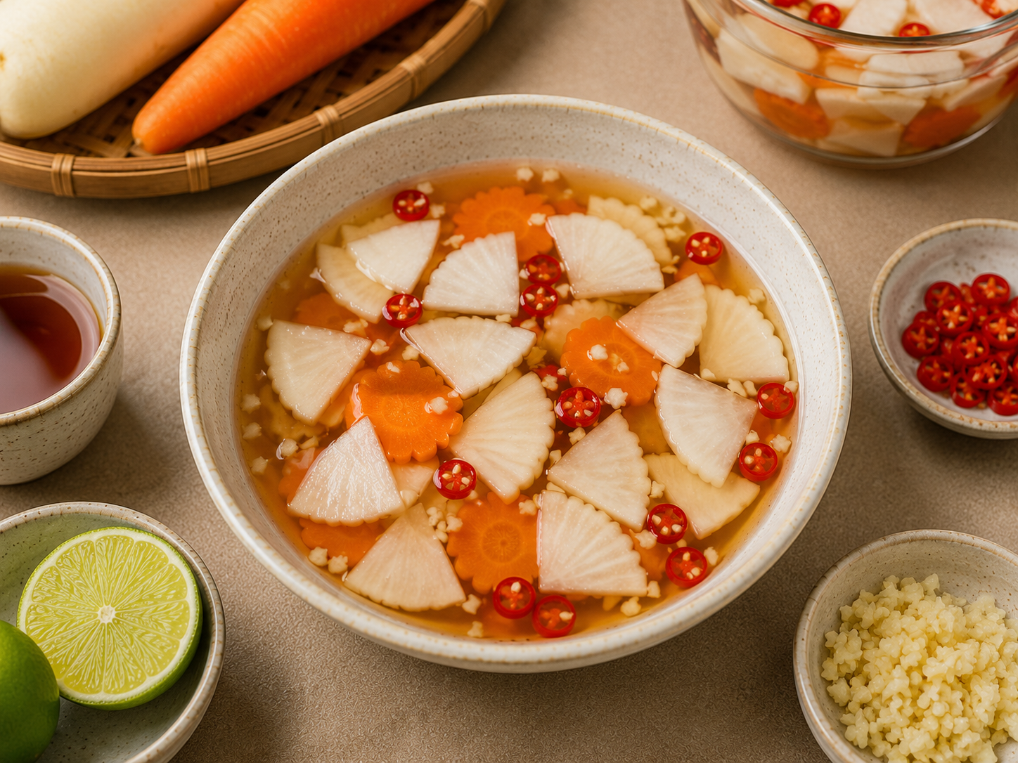 Warm fish sauce dipping sauce for bún chả with sliced pickled daikon and carrot, minced garlic, red chili, lime, and fish sauce.
