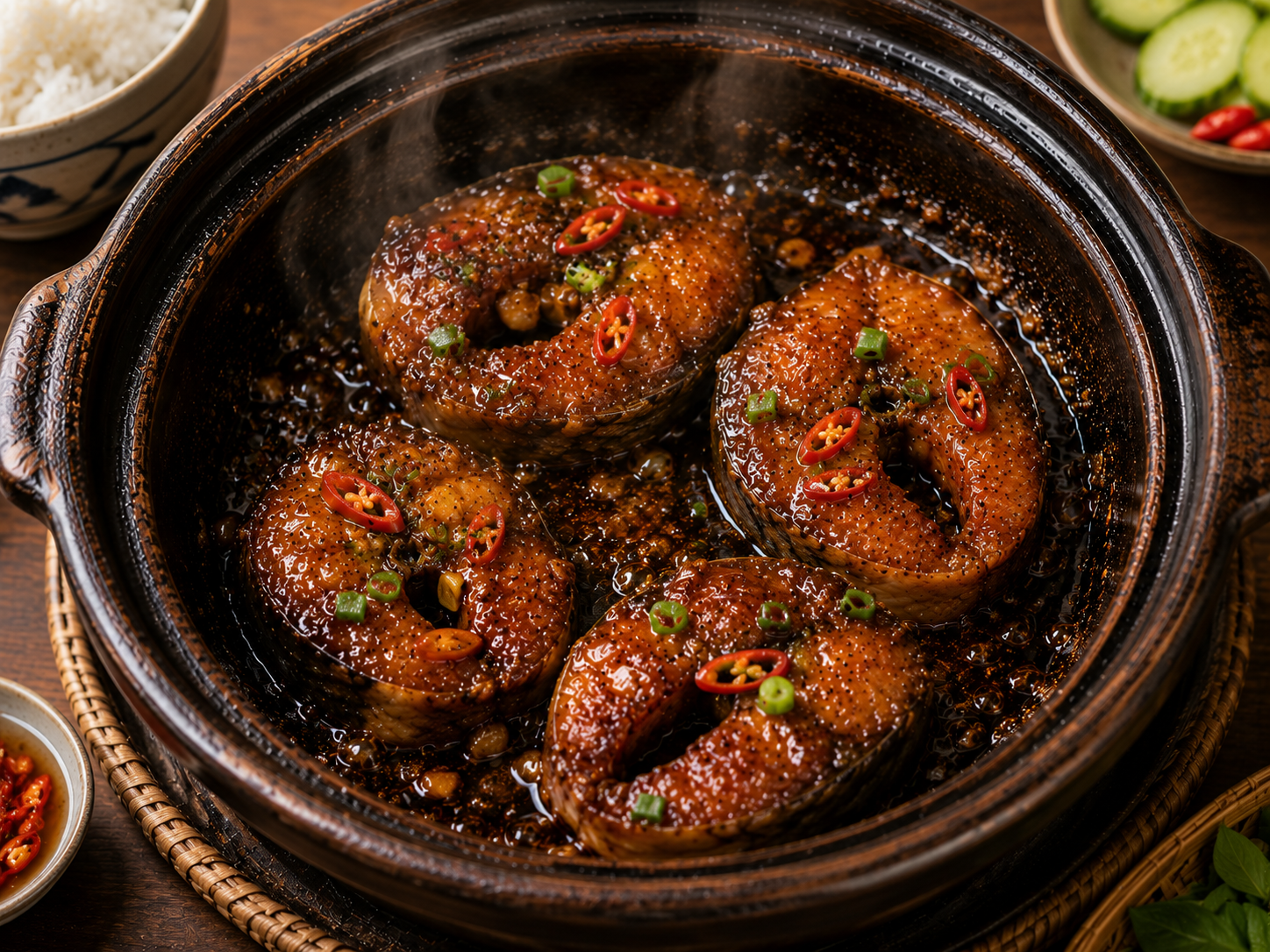 Finished cá kho tộ with glossy caramelized catfish steaks, black pepper, green onions, and red chiles served in a steaming clay pot beside rice.