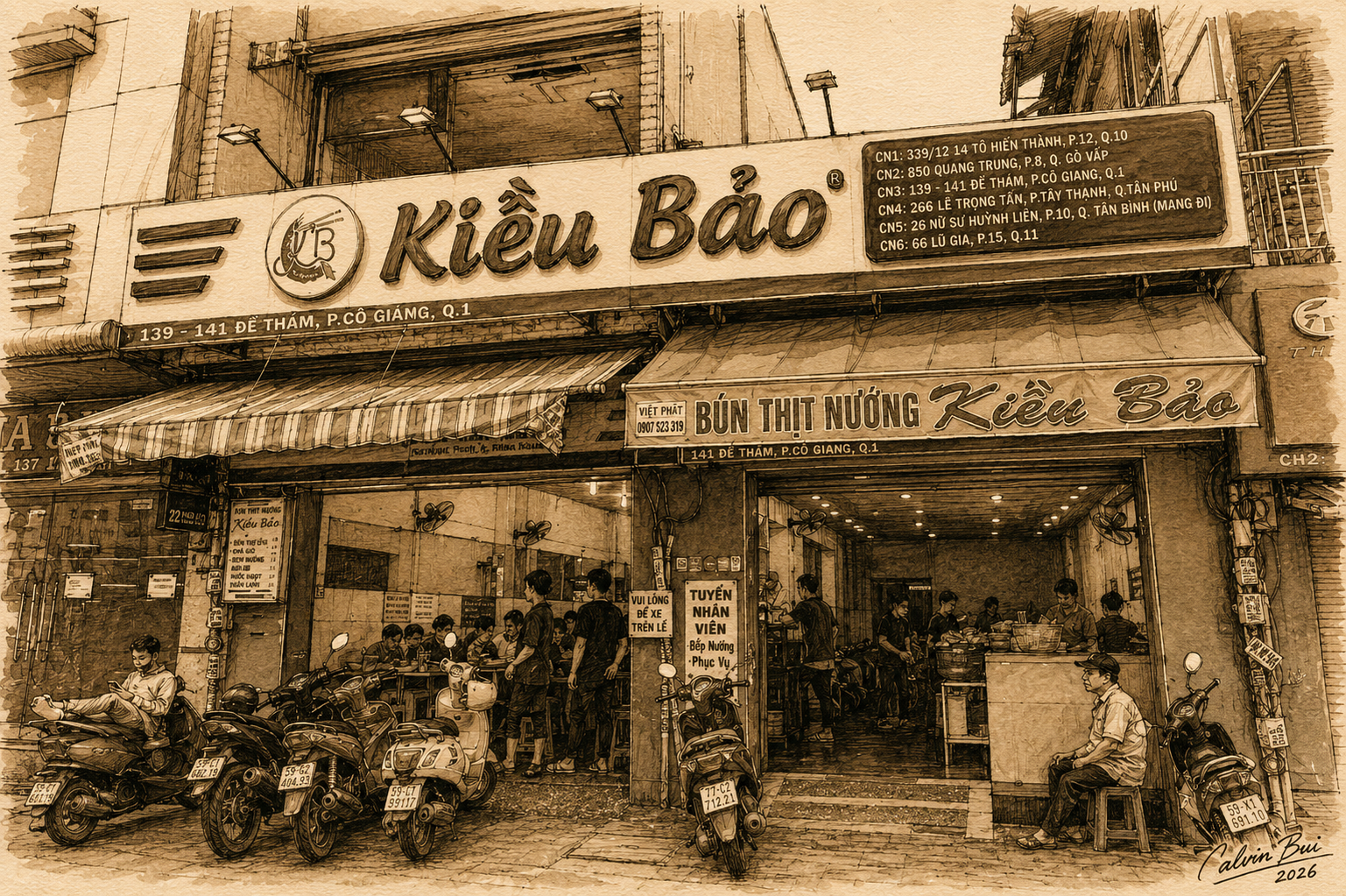 Hand-drawn sepia urban sketch of Bún Thịt Nướng Kiều Bảo on Đề Thám Street in Saigon with the large green storefront sign, striped awnings, parked scooters, diners inside, and everyday District 1 street atmosphere.