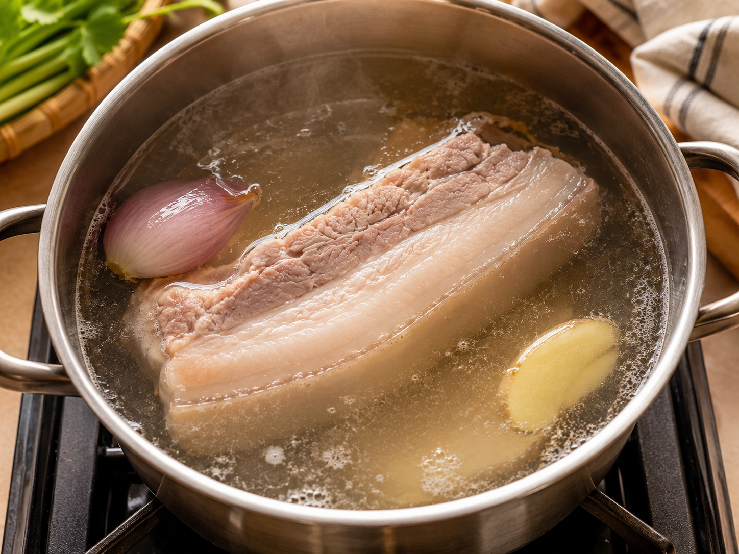 Pork simmering gently in a pot for gỏi cuốn Vietnamese fresh spring rolls.