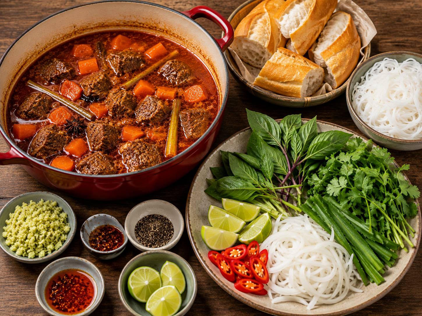 Serving components for bò kho with baguette, noodles, herbs, lime, chili, and a pot of Vietnamese beef stew.