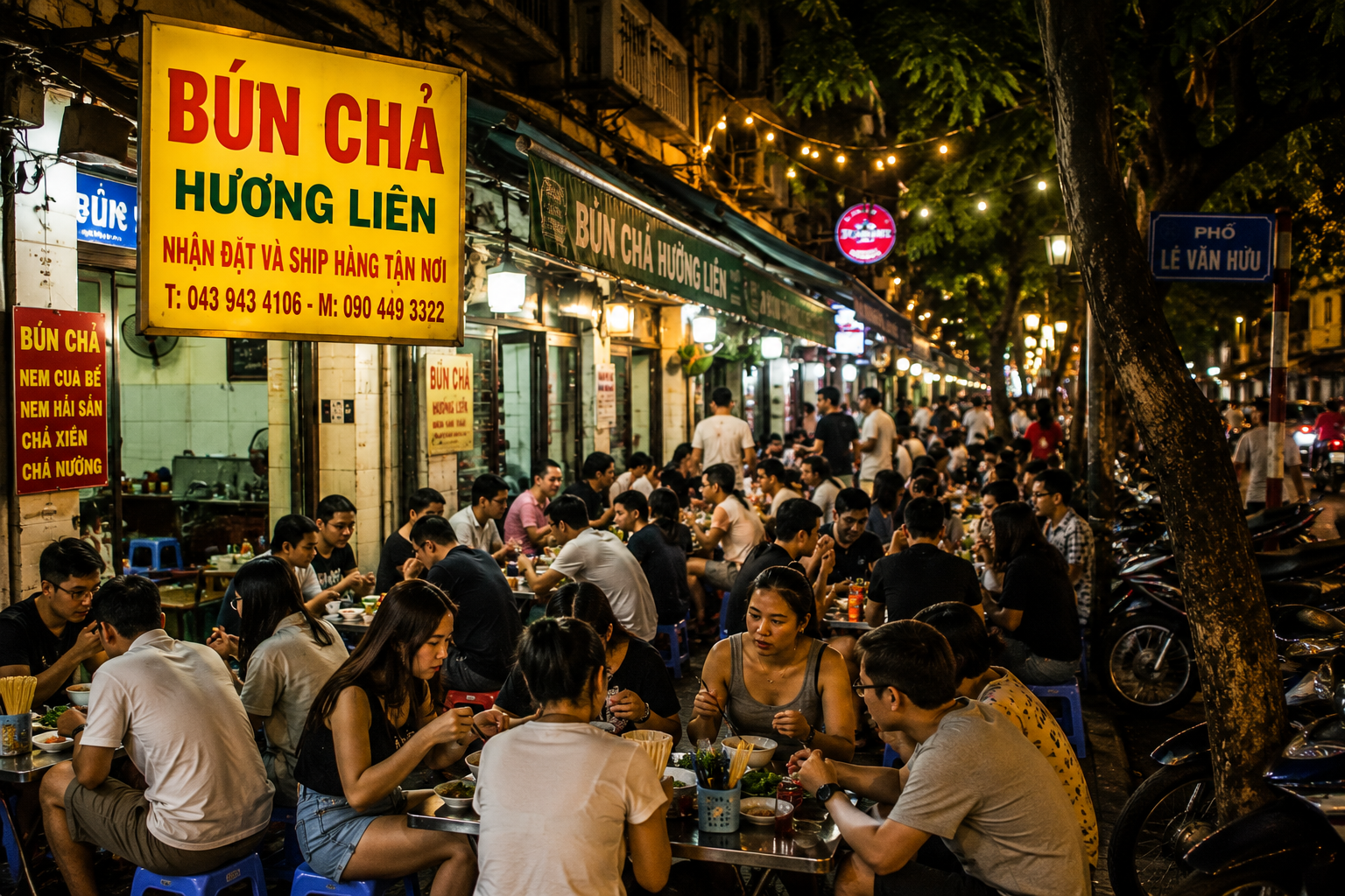 Busy Vietnamese street food restaurant at night with diners sitting on small plastic stools under glowing lights and a large bún chả sign.