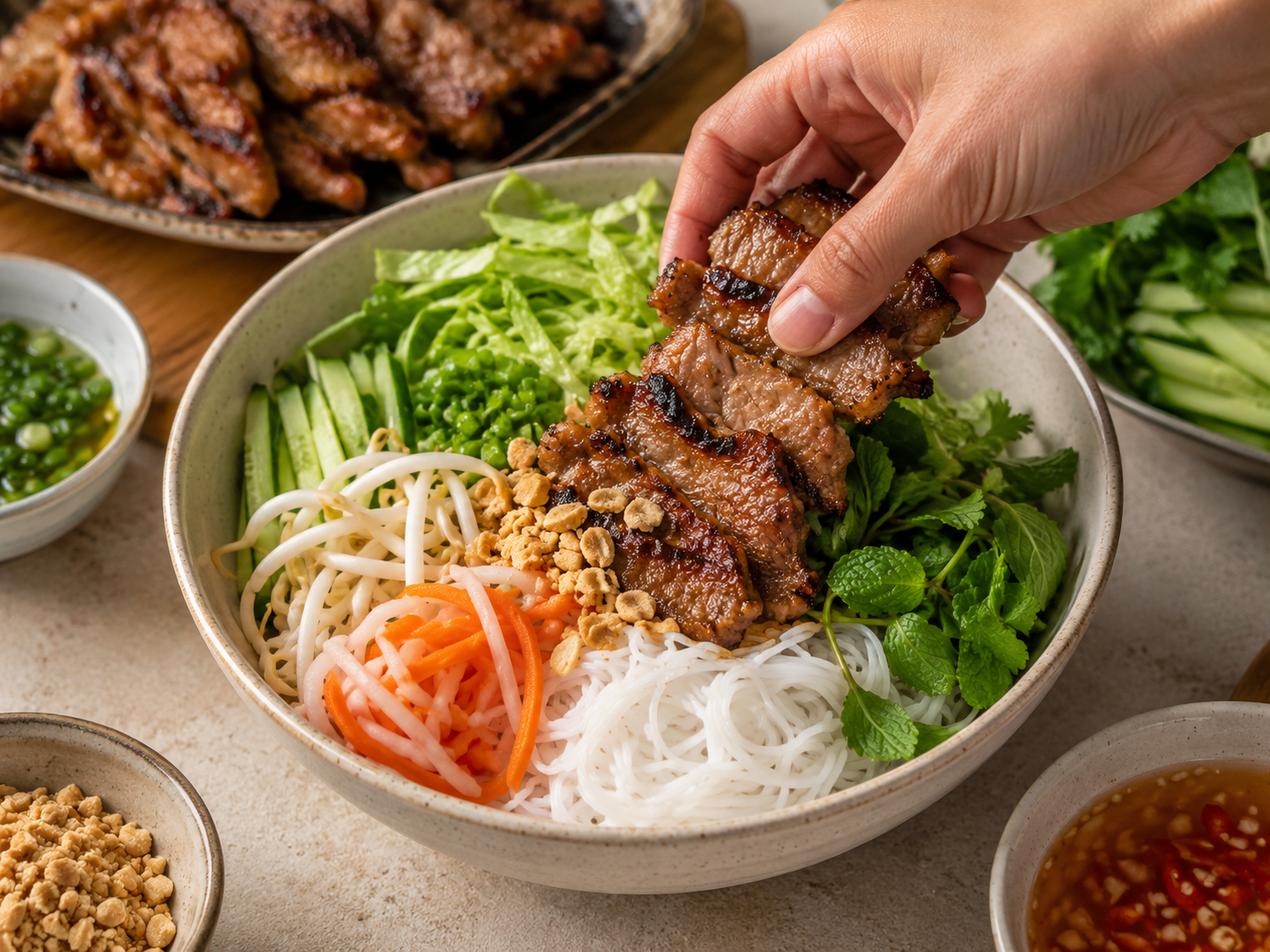 Bún thịt nướng being assembled with rice vermicelli noodles, grilled pork, herbs, pickled vegetables, peanuts, and nước chấm.