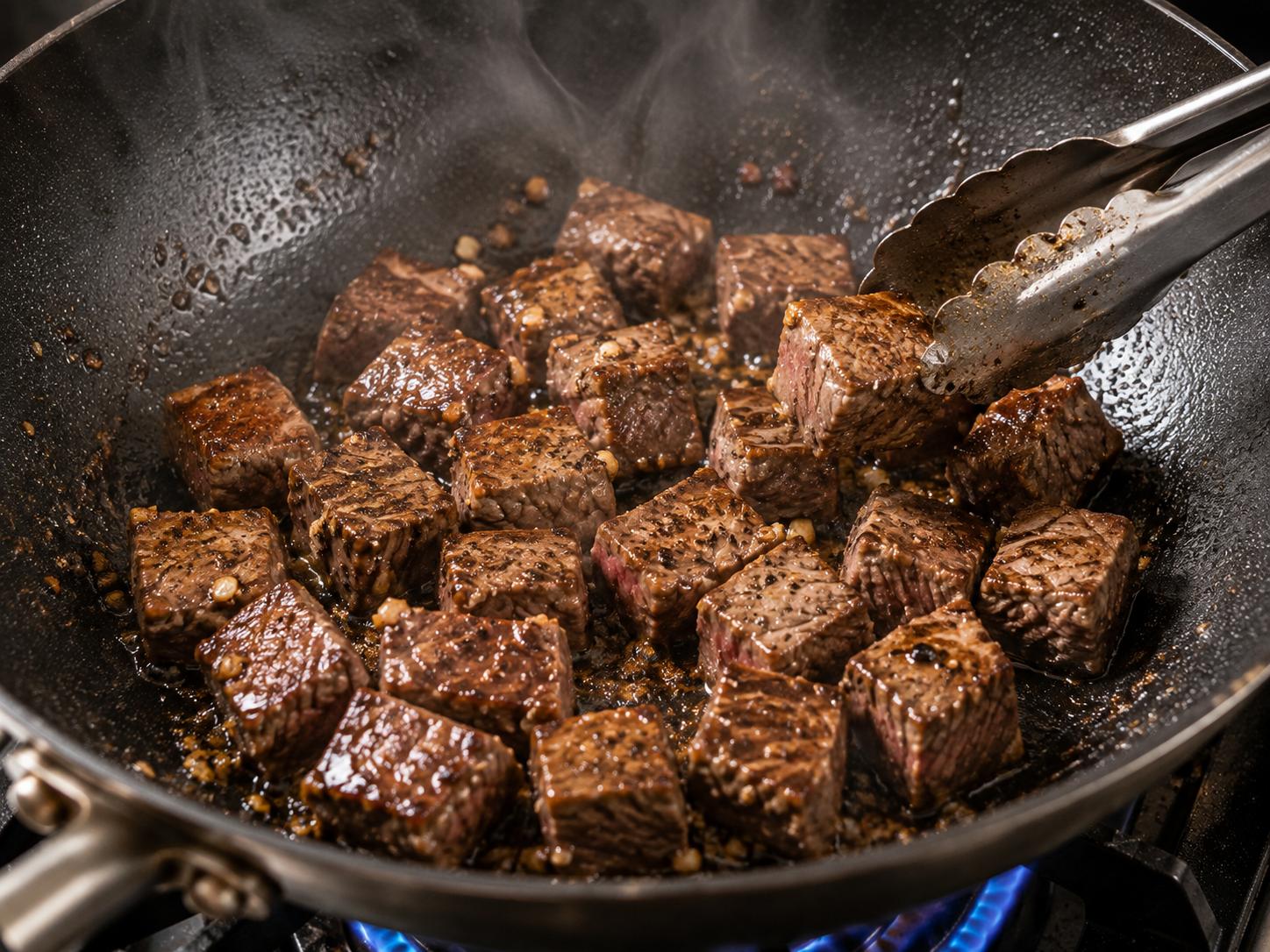 Beef cubes searing in a hot wok with garlic and black pepper until browned around the edges for bò lúc lắc.