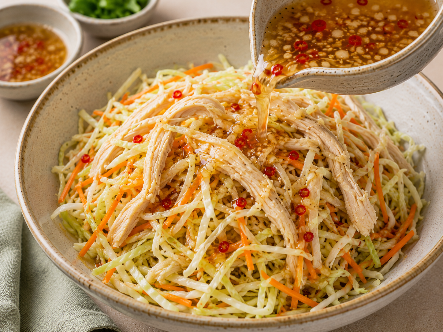 Shredded cabbage, carrot, and onion tossed with fish sauce dressing for gỏi gà bắp cải.