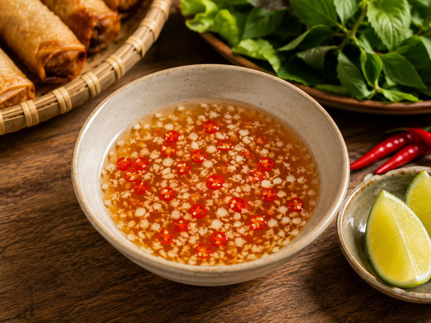 Vietnamese nước chấm dipping sauce with minced garlic and sliced Thai chili, served beside lime, fresh herbs, and crispy chả giò.
